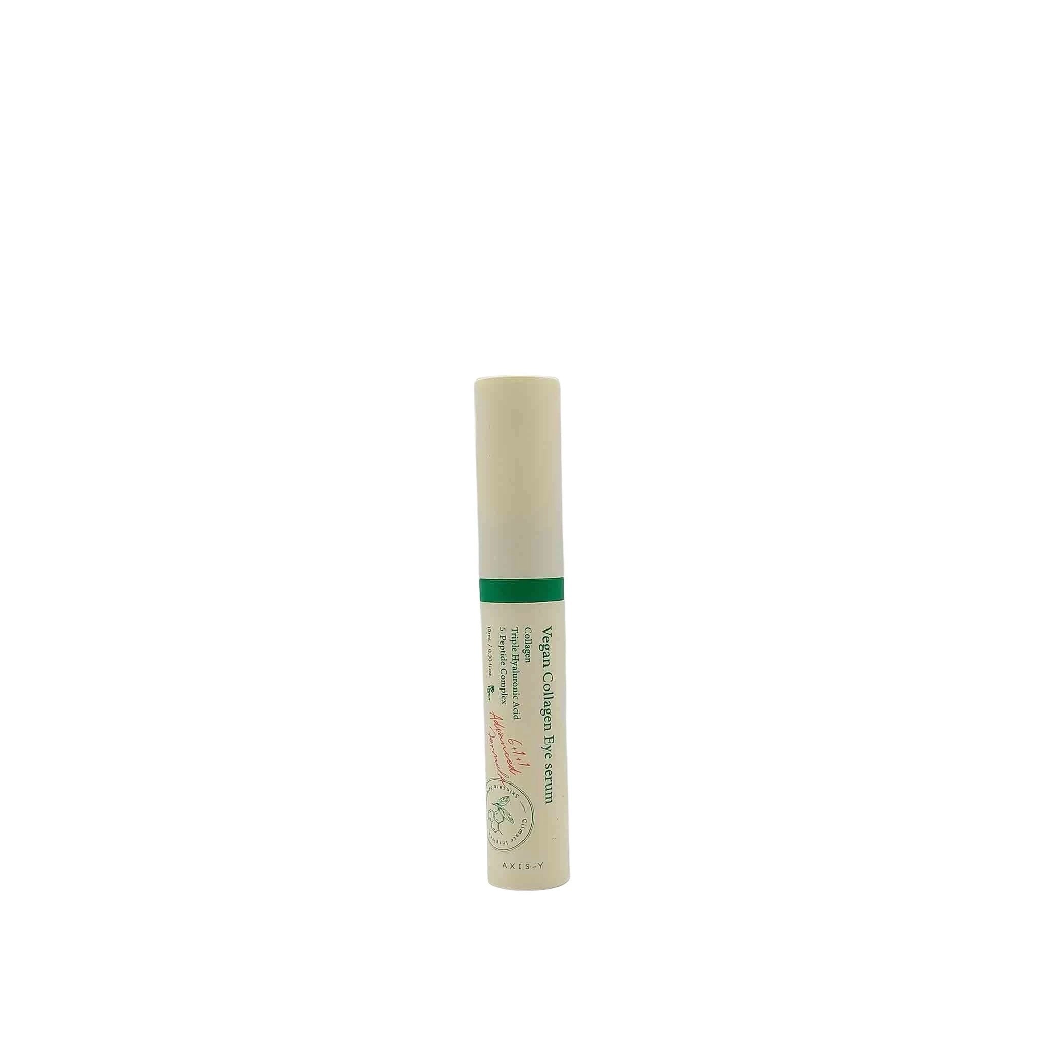 Beige cylindrical serum tube with a green band around the middle, labeled Vegan Collagen Eye Serum in green text.