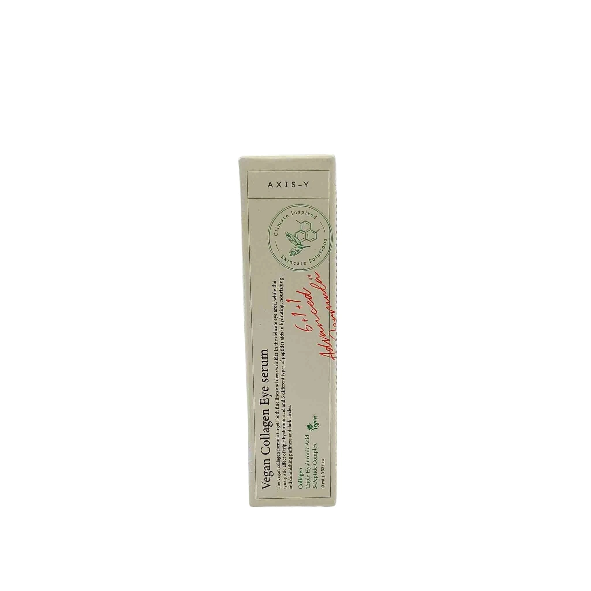 Beige rectangular AXIS-Y box with a green circular leaf seal, red handwritten text, and vertical "Vegan Collagen Eye Serum" on the side (10 ml).