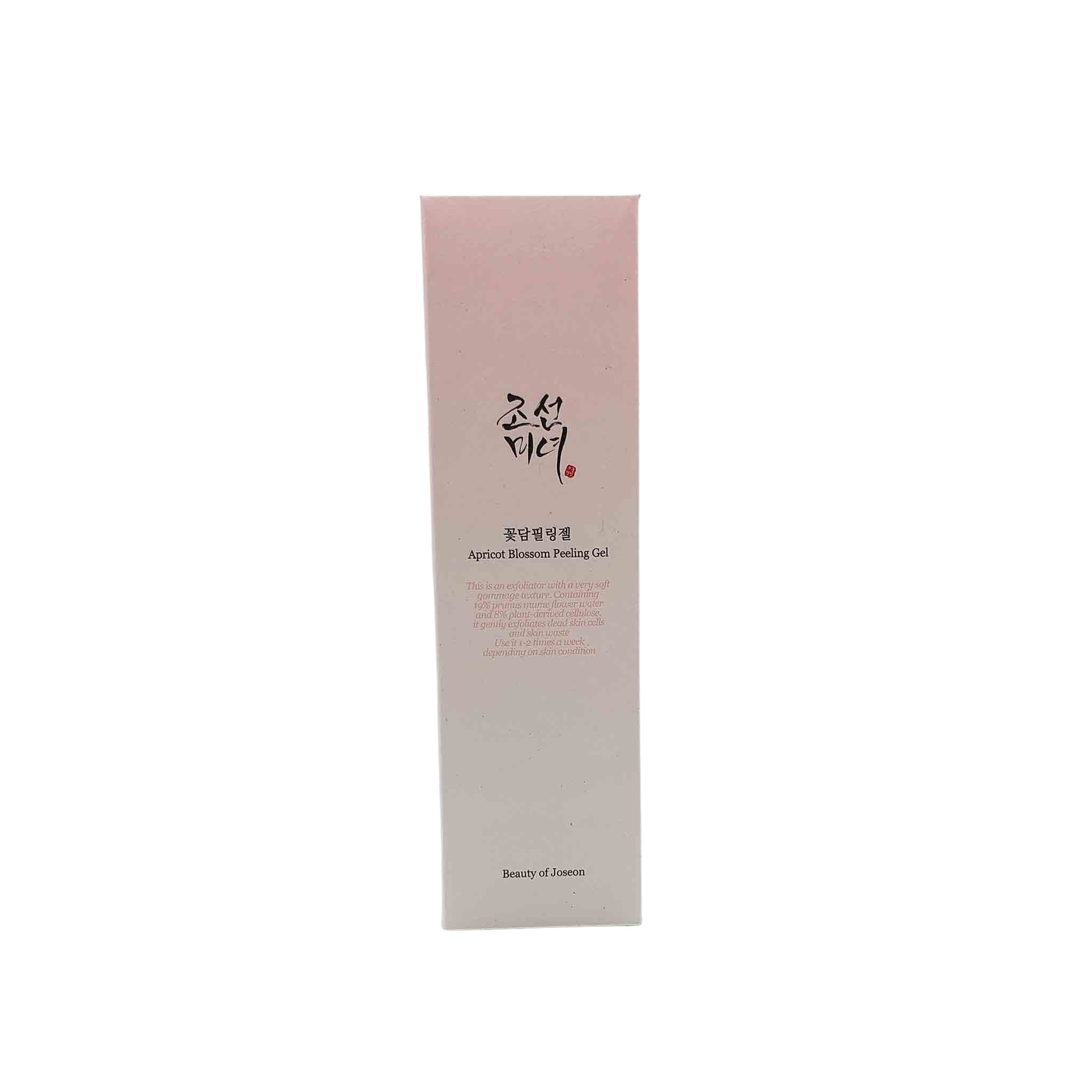 Pink-to-beige box with black Korean script, red seal, and English text Apricot Blossom Peeling Gel by Beauty of Joseon