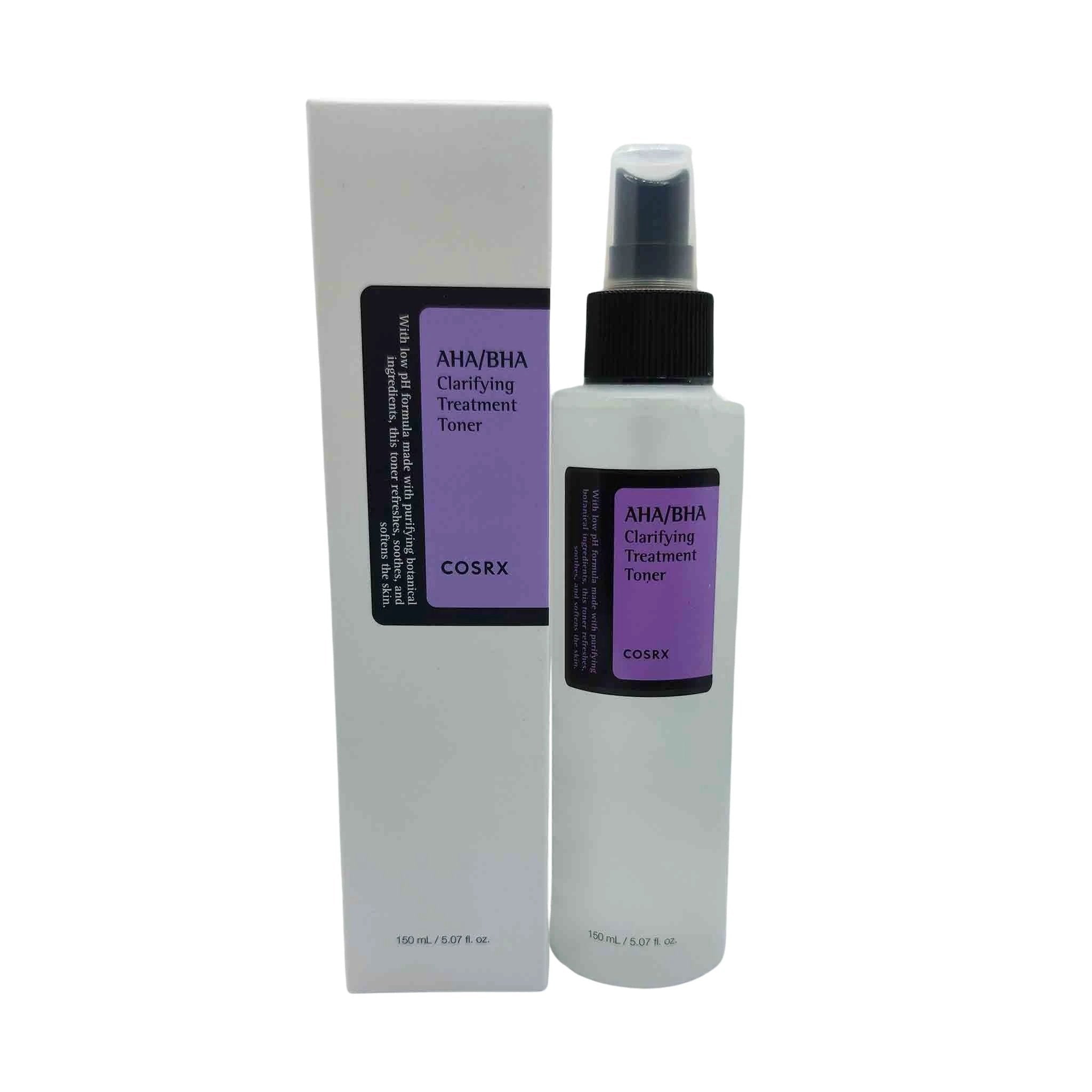 White box beside a spray bottle with black pump and clear cap, purple label AHA/BHA Clarifying Treatment Toner COSRX