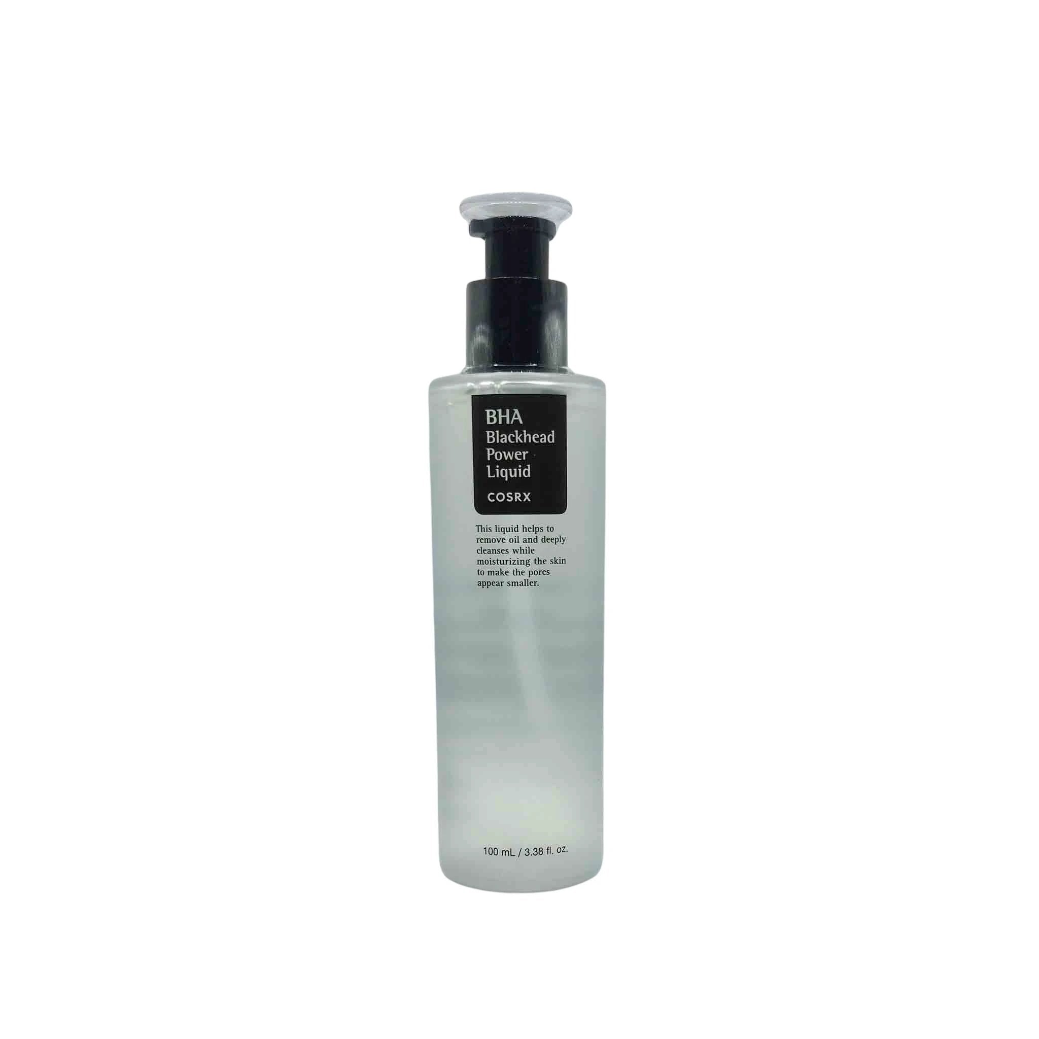 Frosted white cylindrical bottle with black pump and clear cap, label reads BHA Blackhead Power Liquid COSRX, 100 ml.