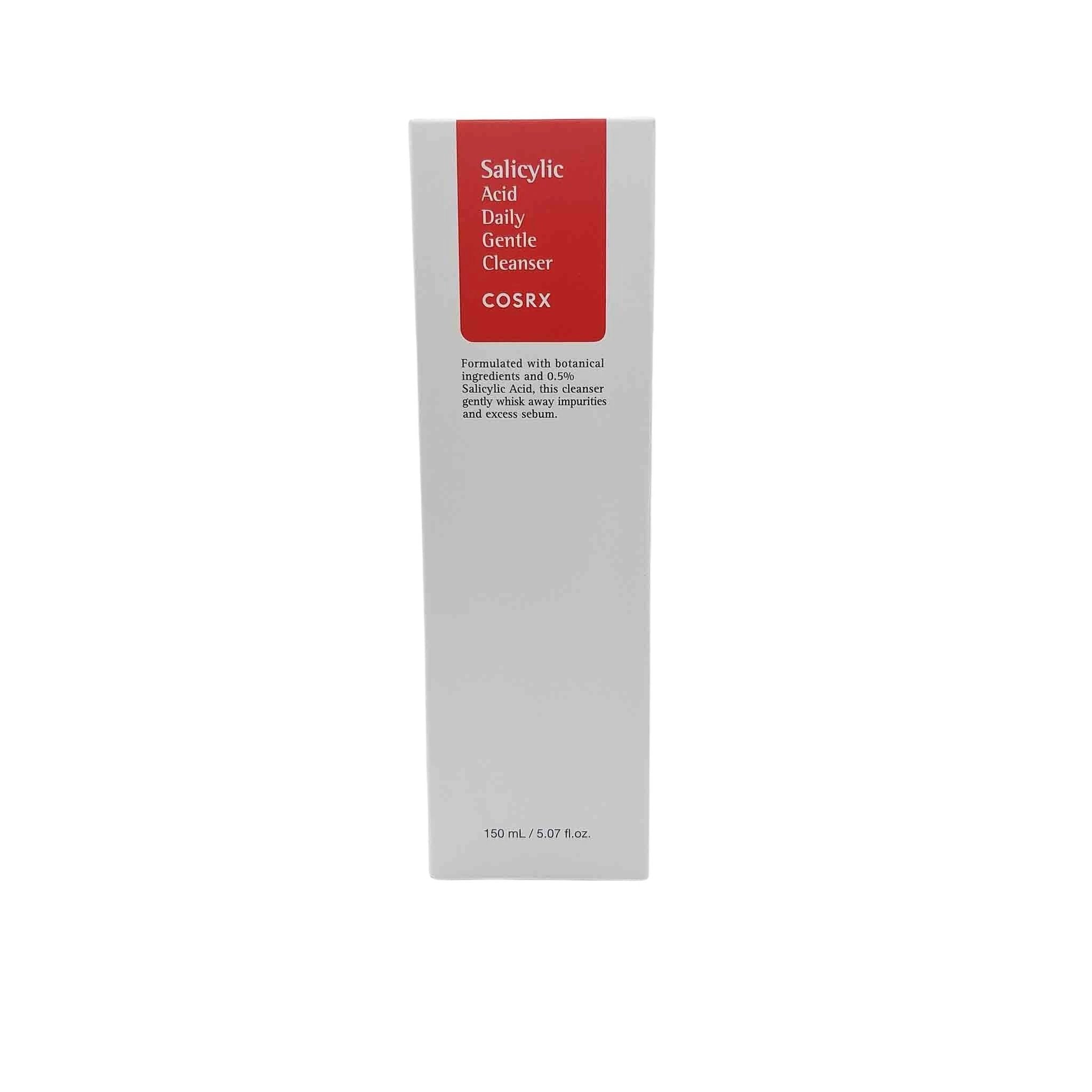 Tall light-gray box with a red label reading Salicylic Acid Daily Gentle Cleanser and COSRX, 150 mL.