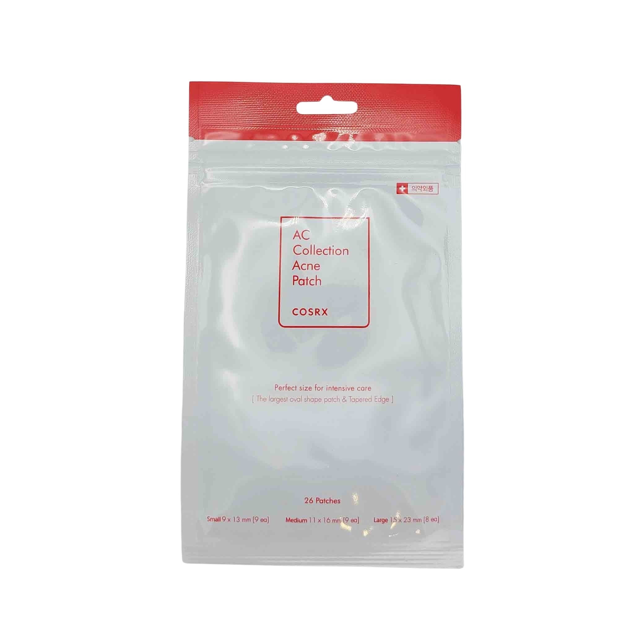 White resealable pouch with a red top and a red-bordered label reading AC Collection Acne Patch, COSRX; contains 26 patches.