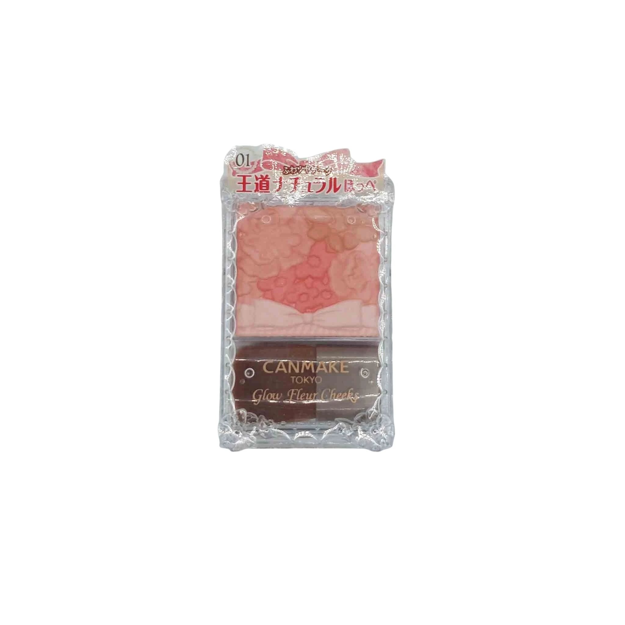 Three-color peach-pink floral-marbled blush in a clear, lace-bordered compact; CANMAKE Tokyo Glow Fleur Cheeks.