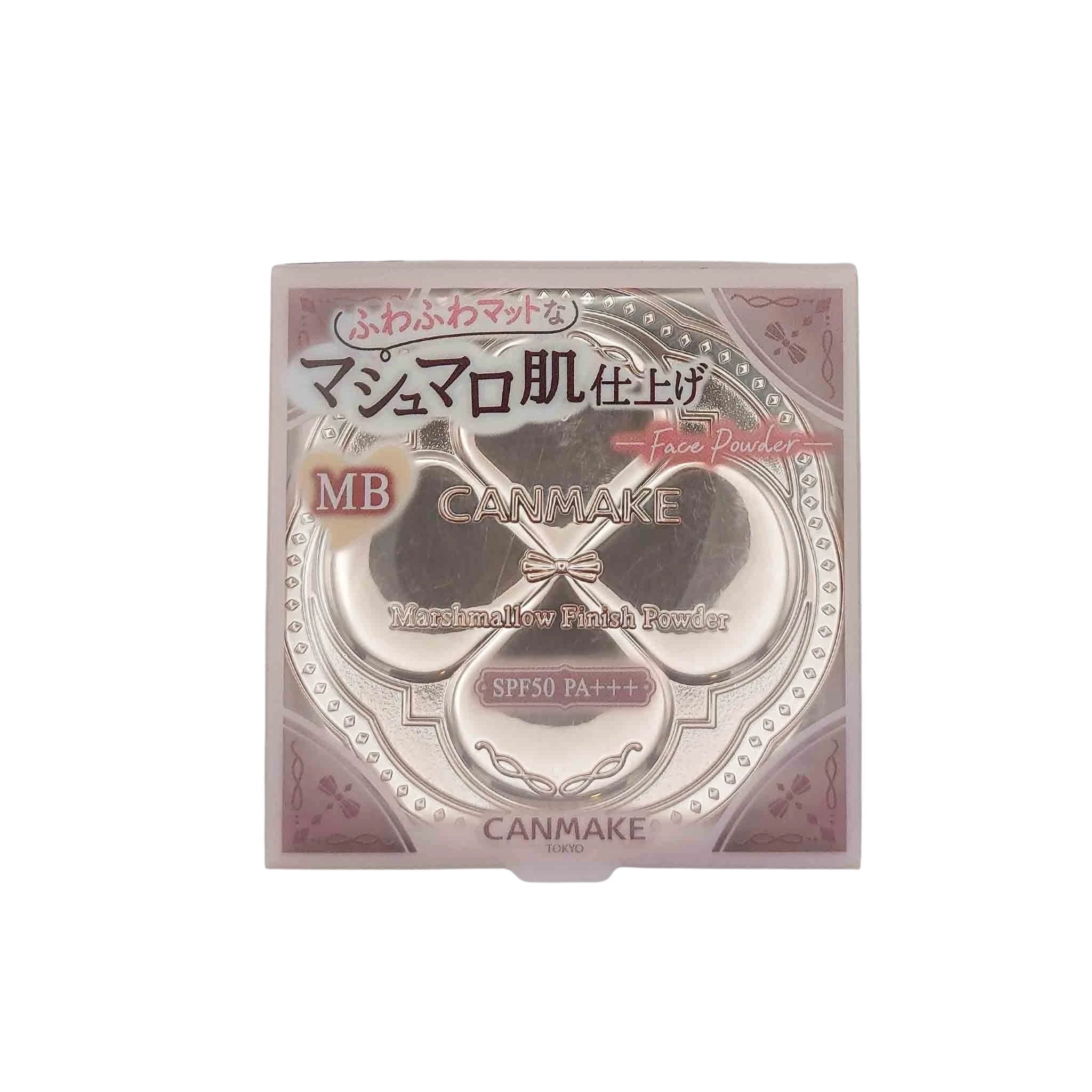 Pink ornate Canmake Marshmallow Finish Powder compact with circular metallic tray, bow emblem, SPF50 PA+++