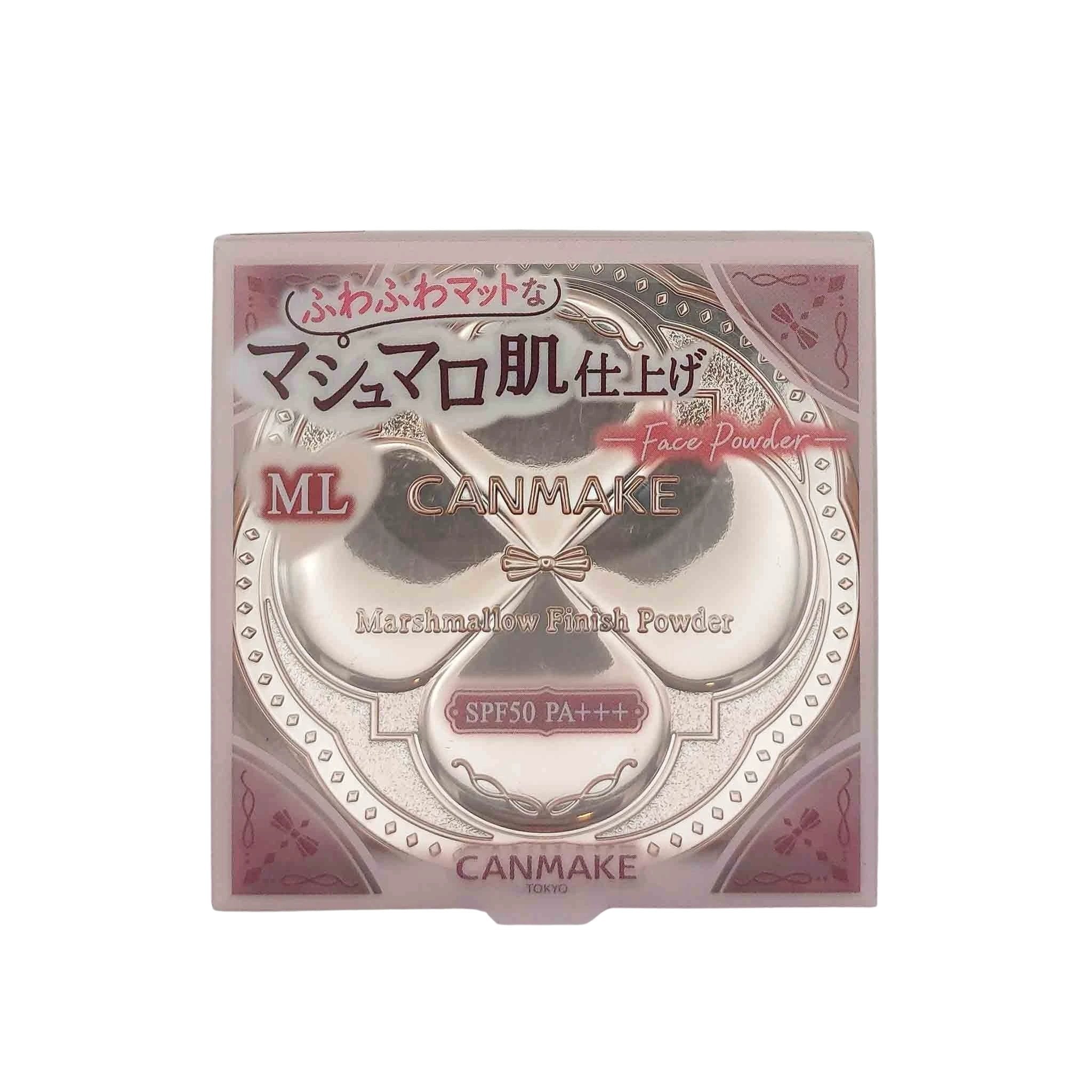 Pink square compact with a silver four-petal center and ornate border, CANMAKE Marshmallow Finish Powder SPF50 PA+++.