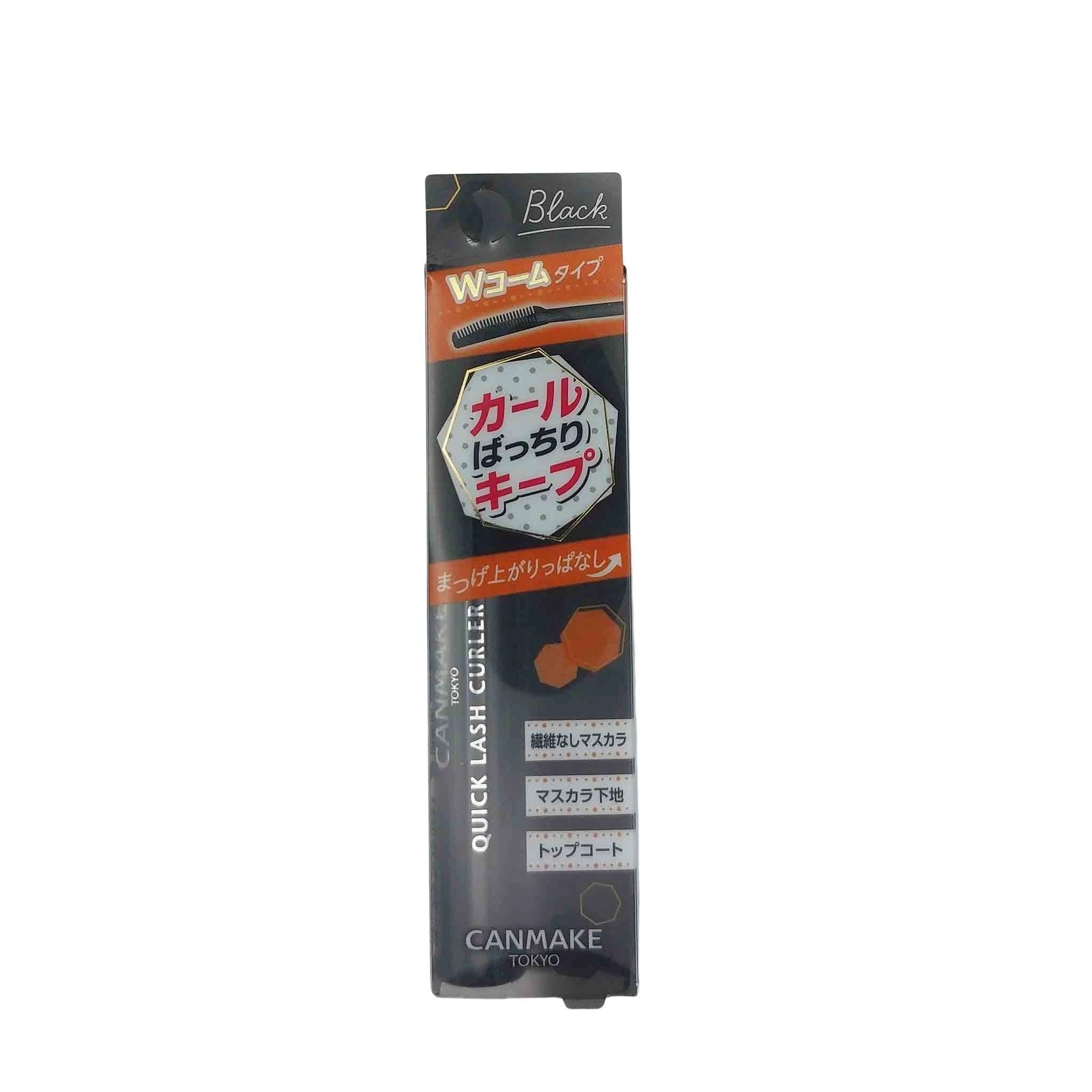 Tall black Canmake packaging with orange band, white hex badge with red Japanese text, lash comb icon, CANMAKE TOKYO