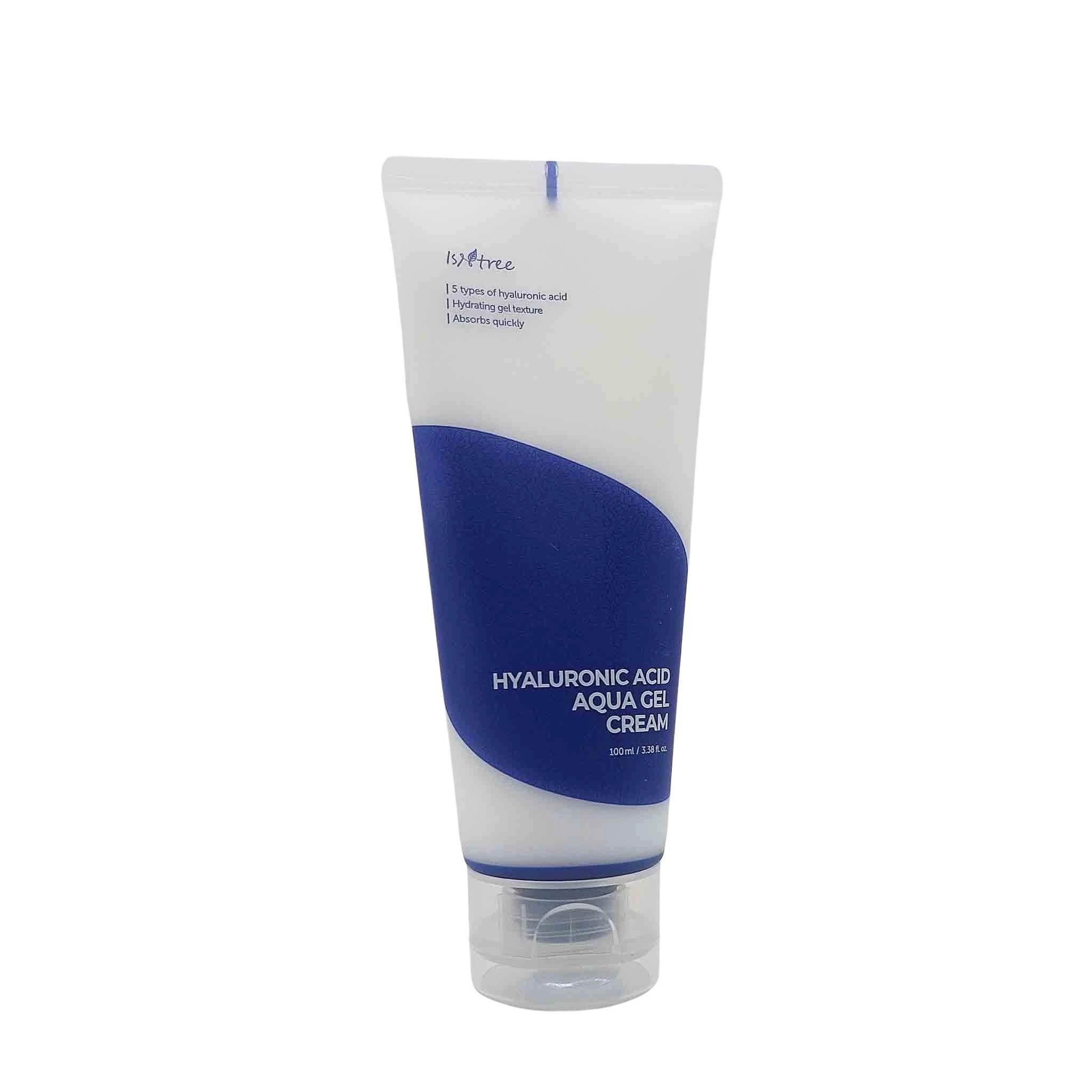 White squeeze tube with cobalt blue curved panel, HYALURONIC ACID AQUA GEL CREAM text, 100 ml, clear cap.