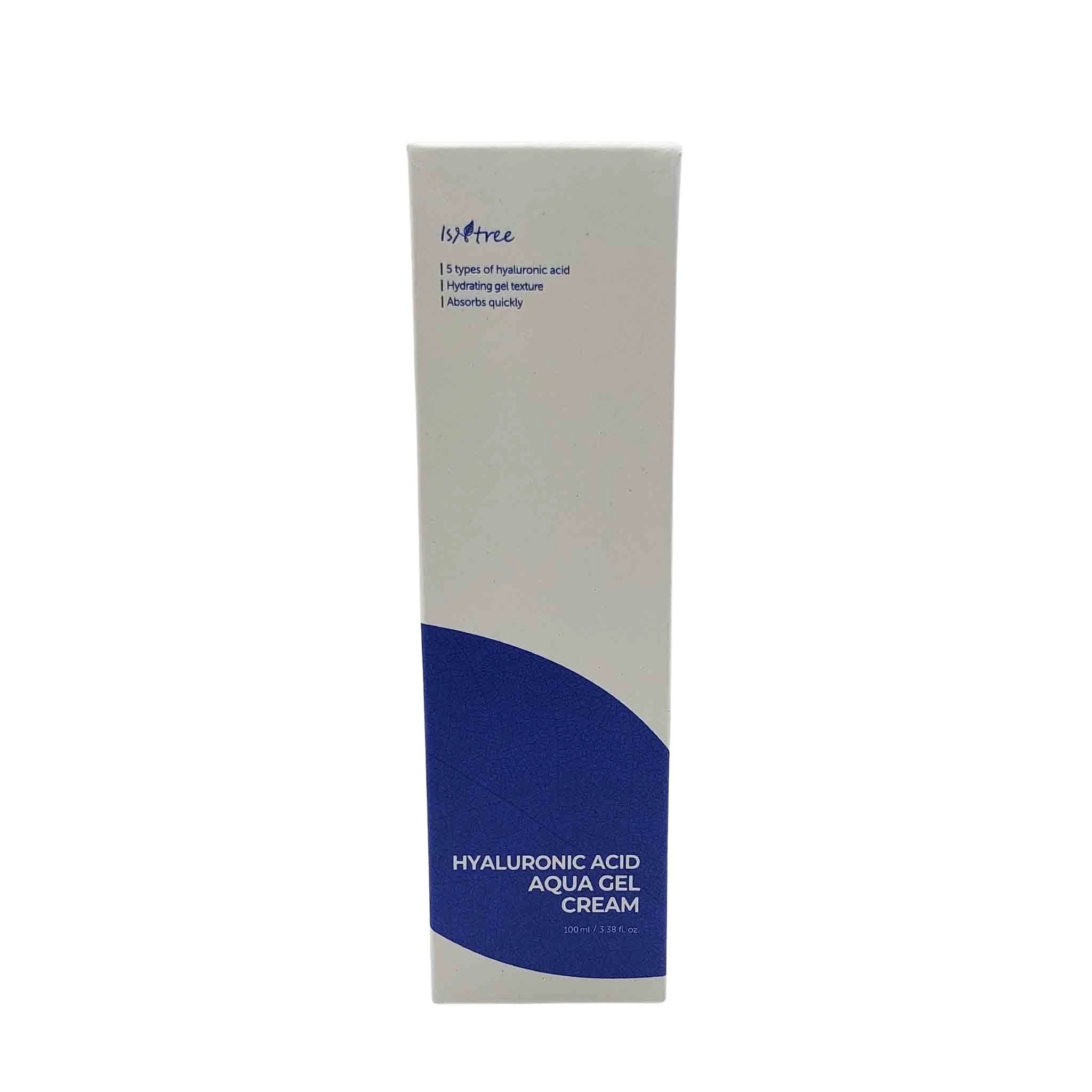 White rectangular box with a navy curved blue panel at bottom, Isntree logo, and HYALURONIC ACID AQUA GEL CREAM text.