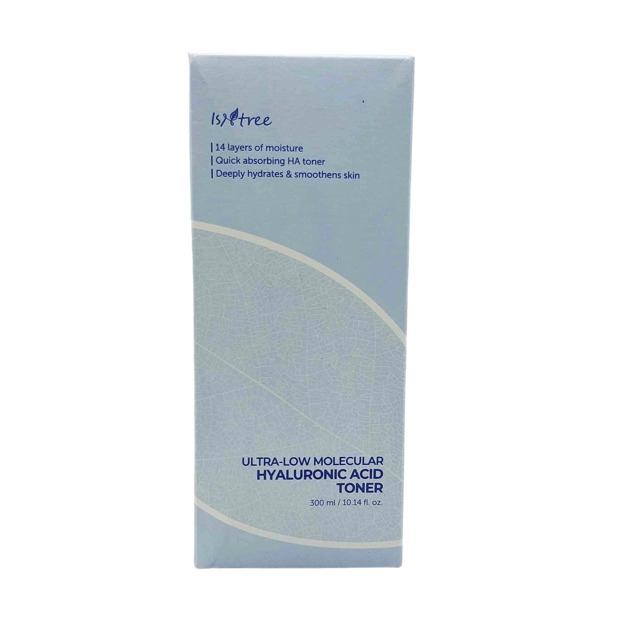 Blue-toned Isntree Ultra-Low Molecular Hyaluronic Acid Toner box with curved white arc motif and 300 ml.