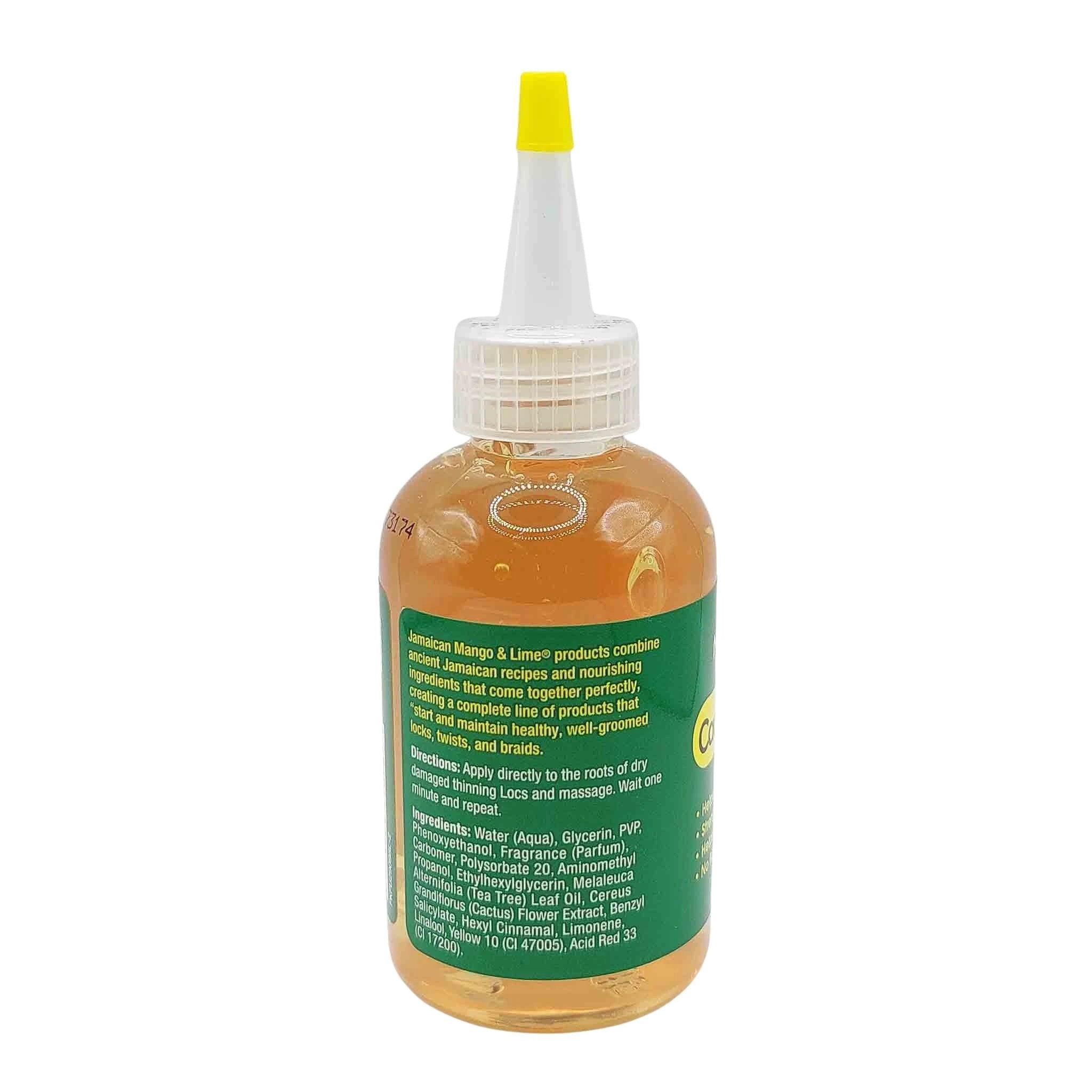 Clear bottle with orange serum, green label, white ribbed cap, and long yellow nozzle applicator.