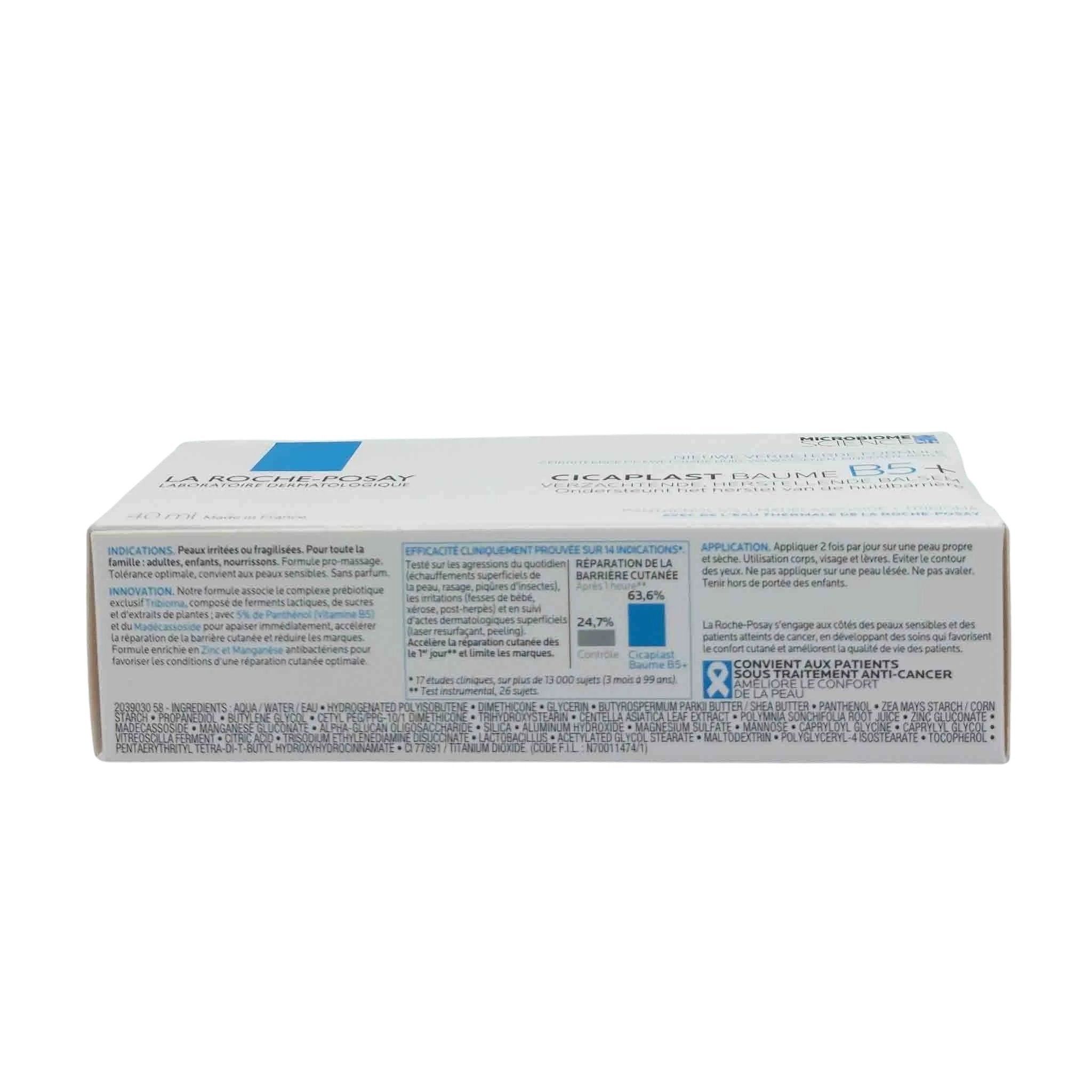 White rectangular box on a white background with a blue square logo and La Roche-Posay Cicaplast Baume B5+ text (40 ml).