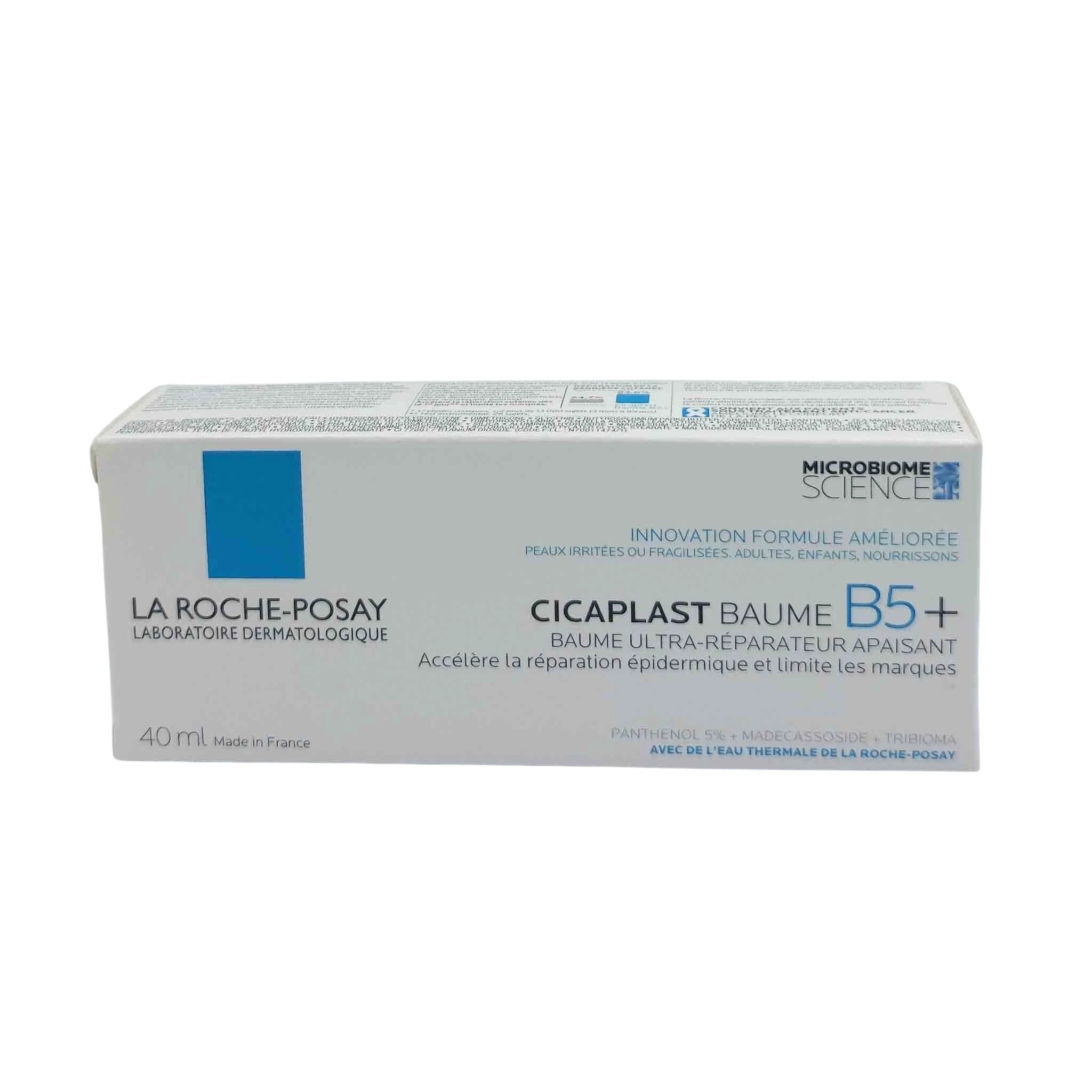Light gray La Roche-Posay box with blue square logo and Cicaplast Baume B5+ 40 ml text