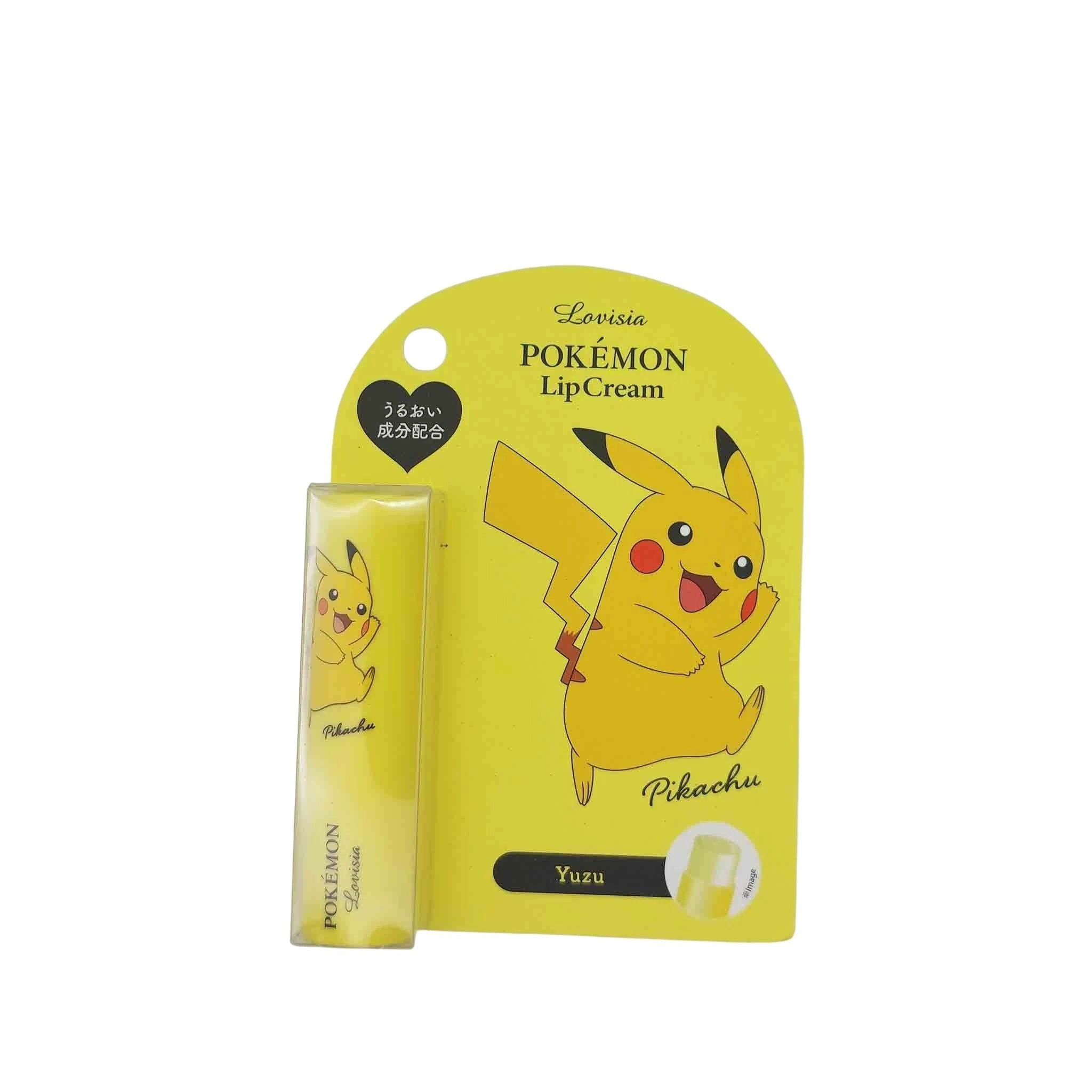 Yellow Pikachu Pokémon LipCream packaging with a matching yellow lip balm tube beside it.