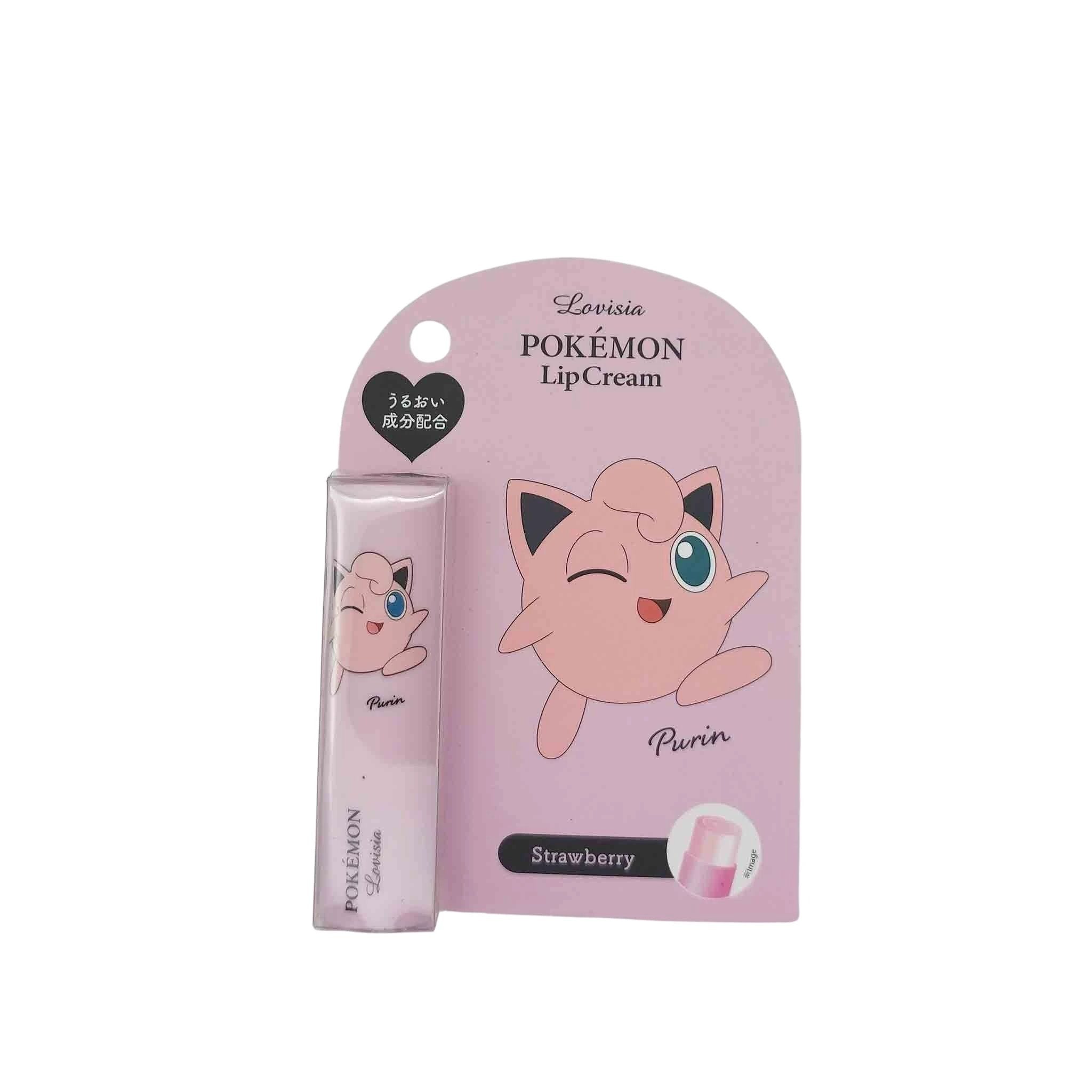 Pastel pink lip cream tube with a smiling Jigglypuff, next to a pink Pokémon Lip Cream card labeled Strawberry
