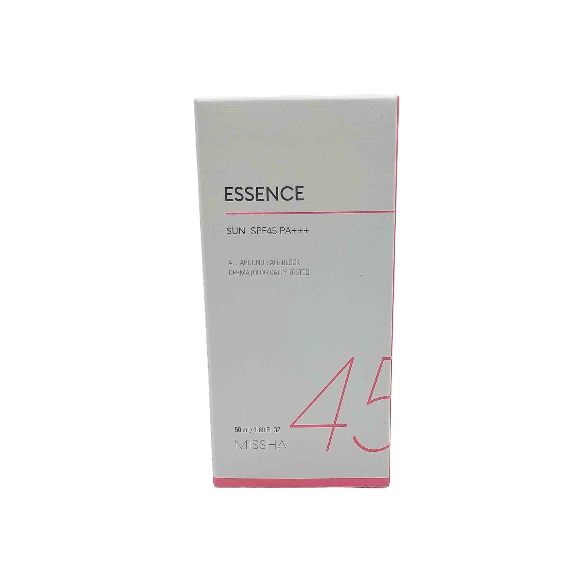 Gray Missha sunscreen box with pink trim, large pink "45" graphic, ESSENCE SPF45 PA+++, 50 ml