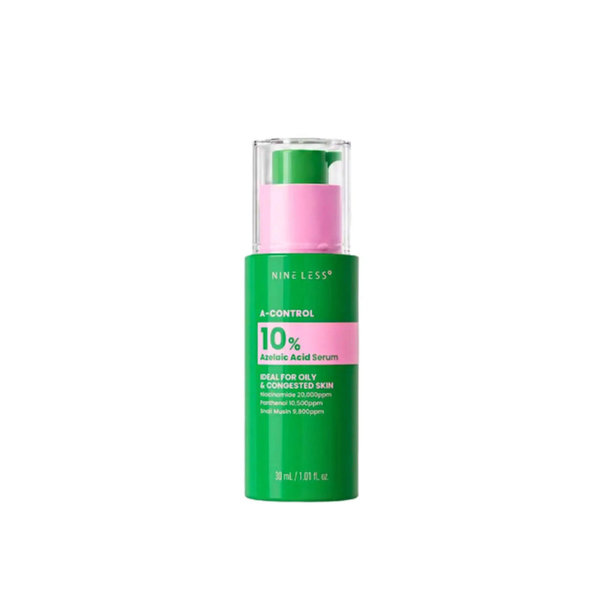 NINELESS A-Control 10% Azelaic Acid Serum 30 ml bottle, green container with pink label and clear pump
