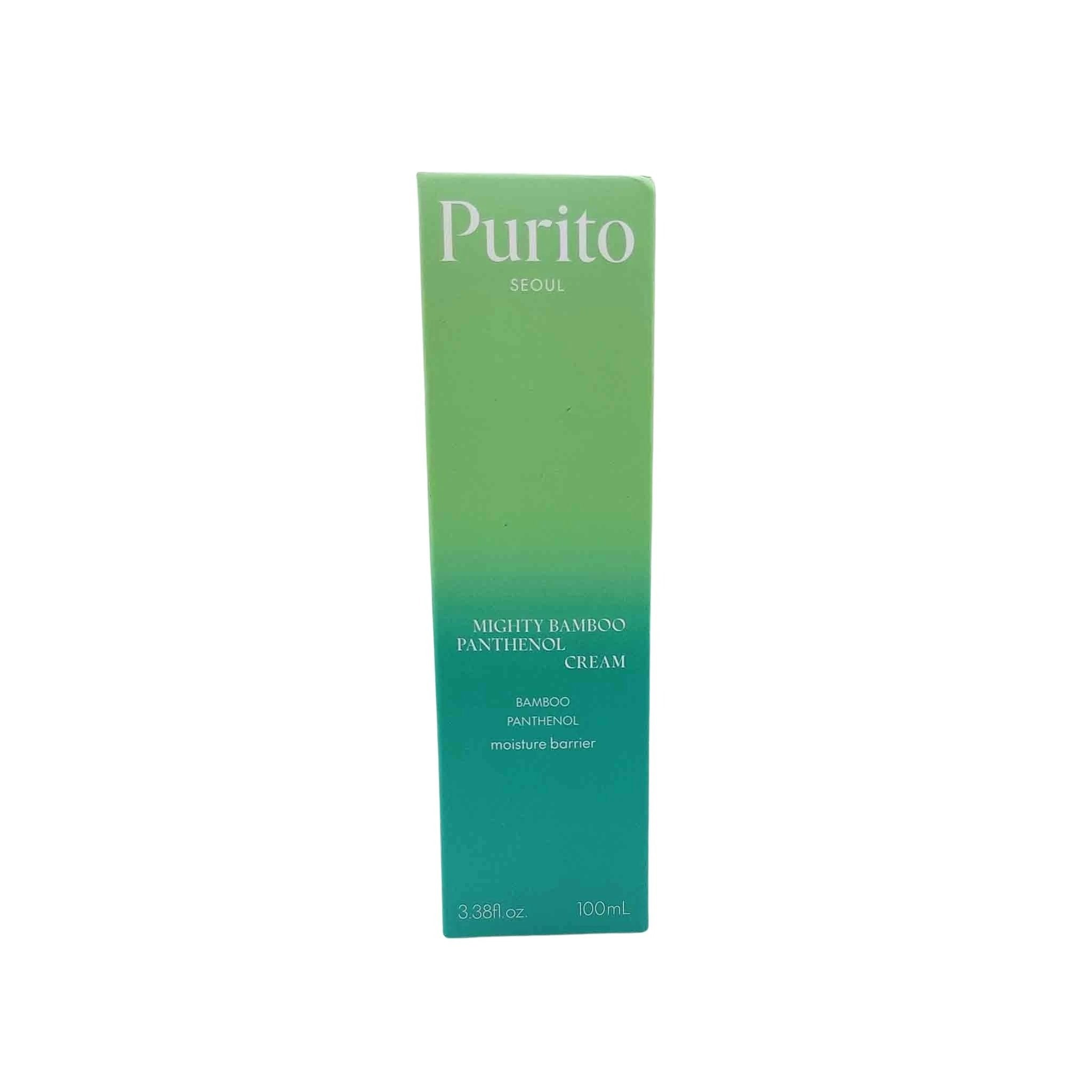Green-to-teal gradient box with Purito Seoul logo and Mighty Bamboo Panthenol Cream text, 100 mL.