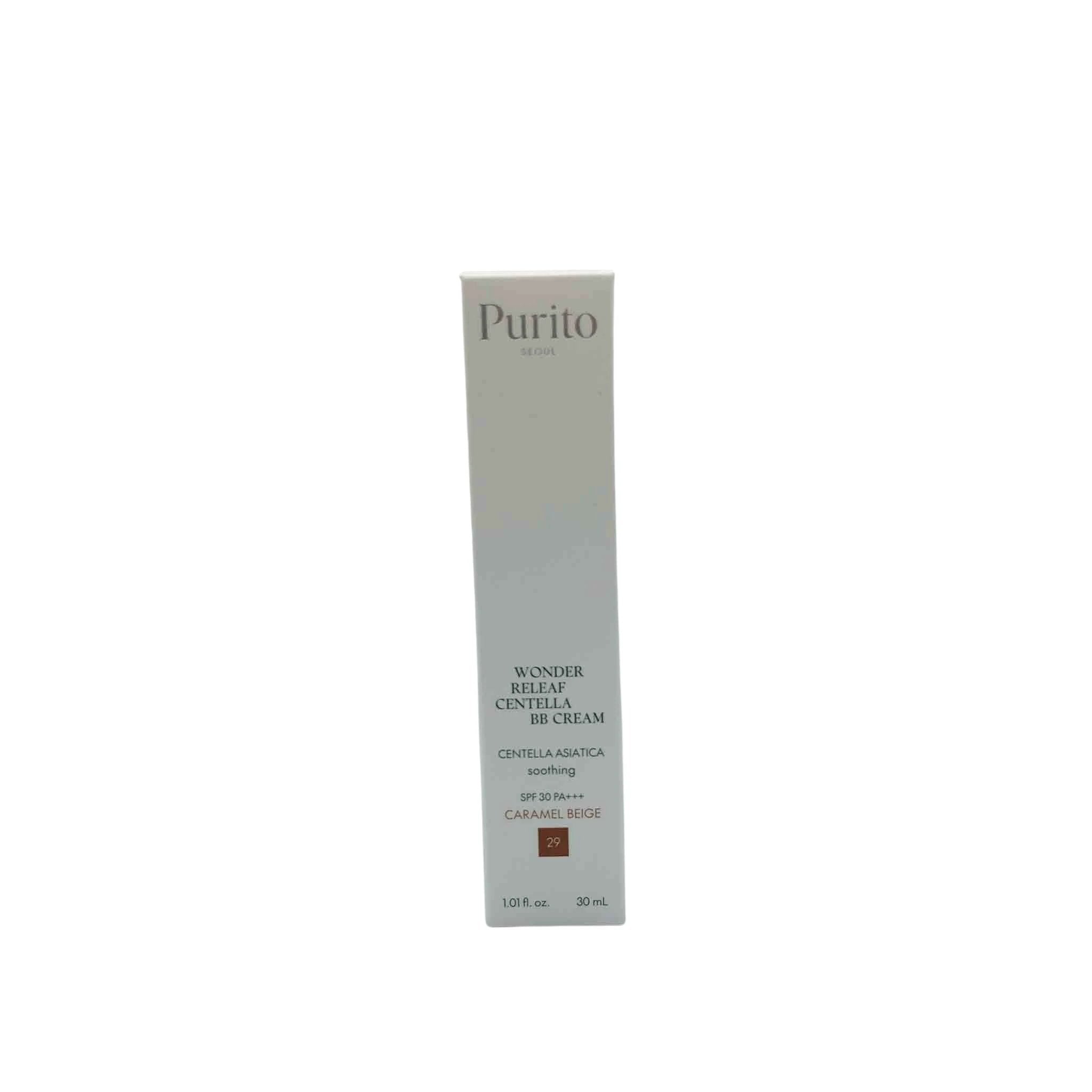 Tall light-gray Purito box with subtle gradient, Purito Seoul logo, Wonder Releaf Centella BB Cream text Caramel Beige