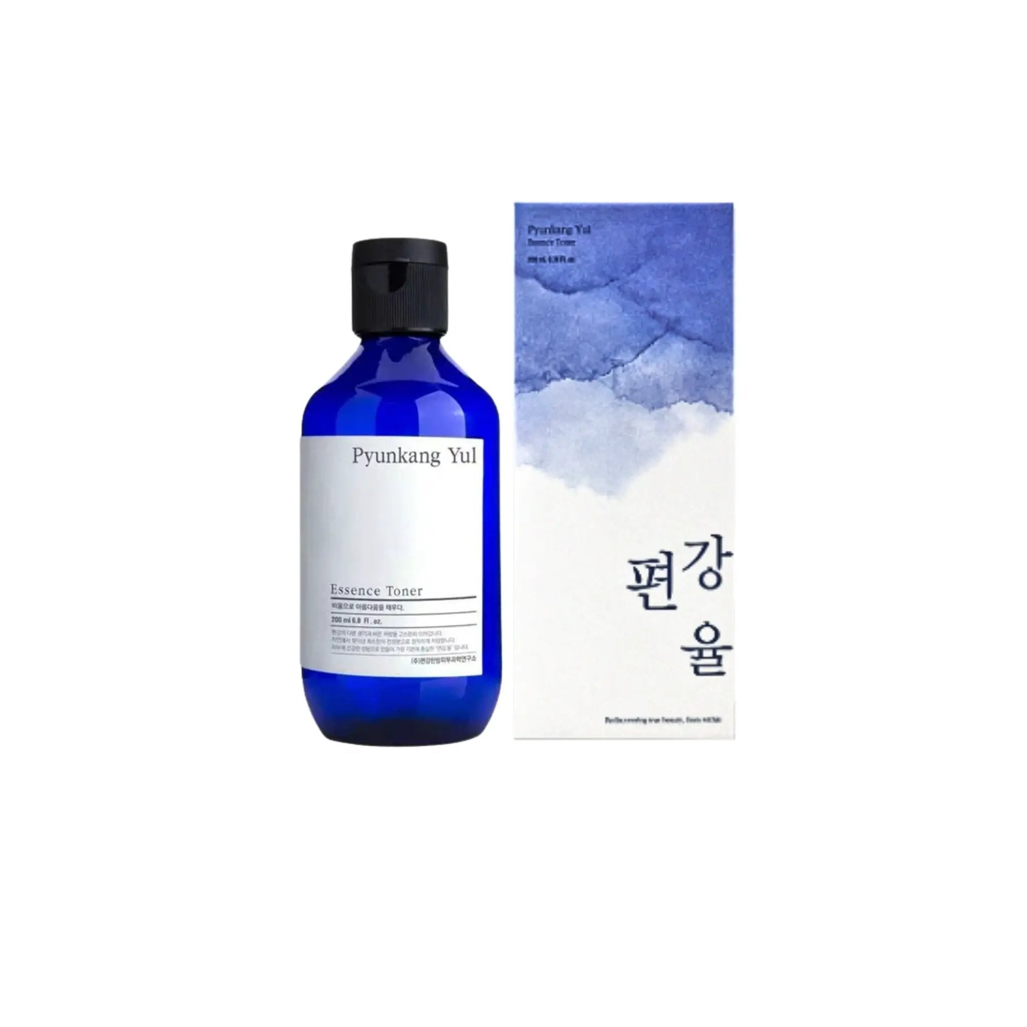 A cobalt blue bottle of Pyunkang Yul Essence Toner with a black cap, shown next to its white and blue watercolor-patterned packaging box on a plain white background.