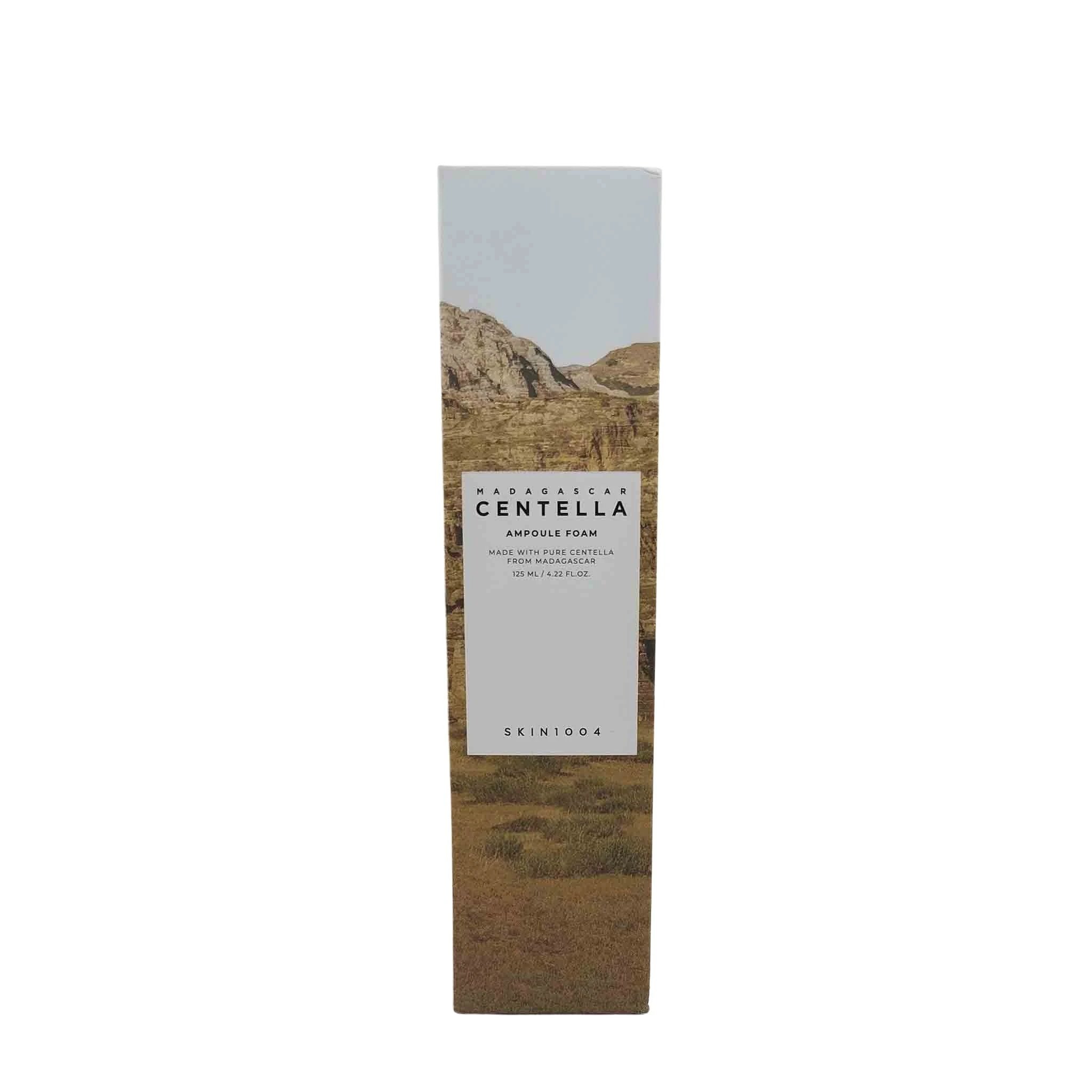 Tall box with desert landscape (brown hills, pale blue sky); gray panel center reads MADAGASCAR CENTELLA AMPOULE FOAM, SKIN1004, 125 ml.