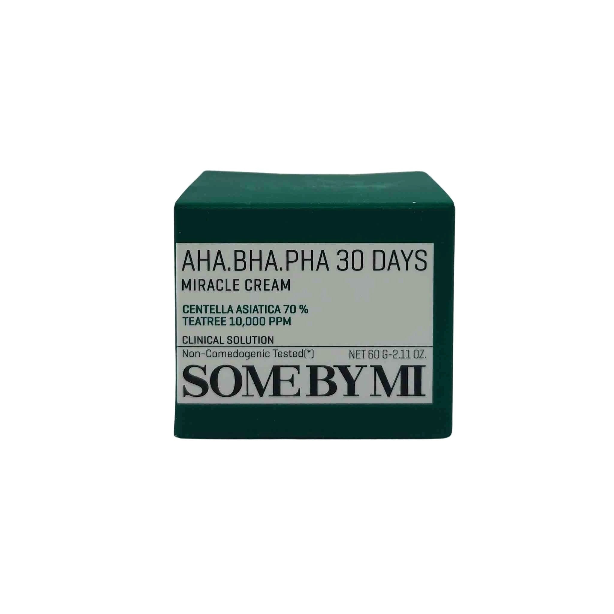 Dark green box with light gray label: AHA.BHA.PHA 30 DAYS Miracle Cream, Centella Asiatica 70%, Tea Tree 10,000 PPM.