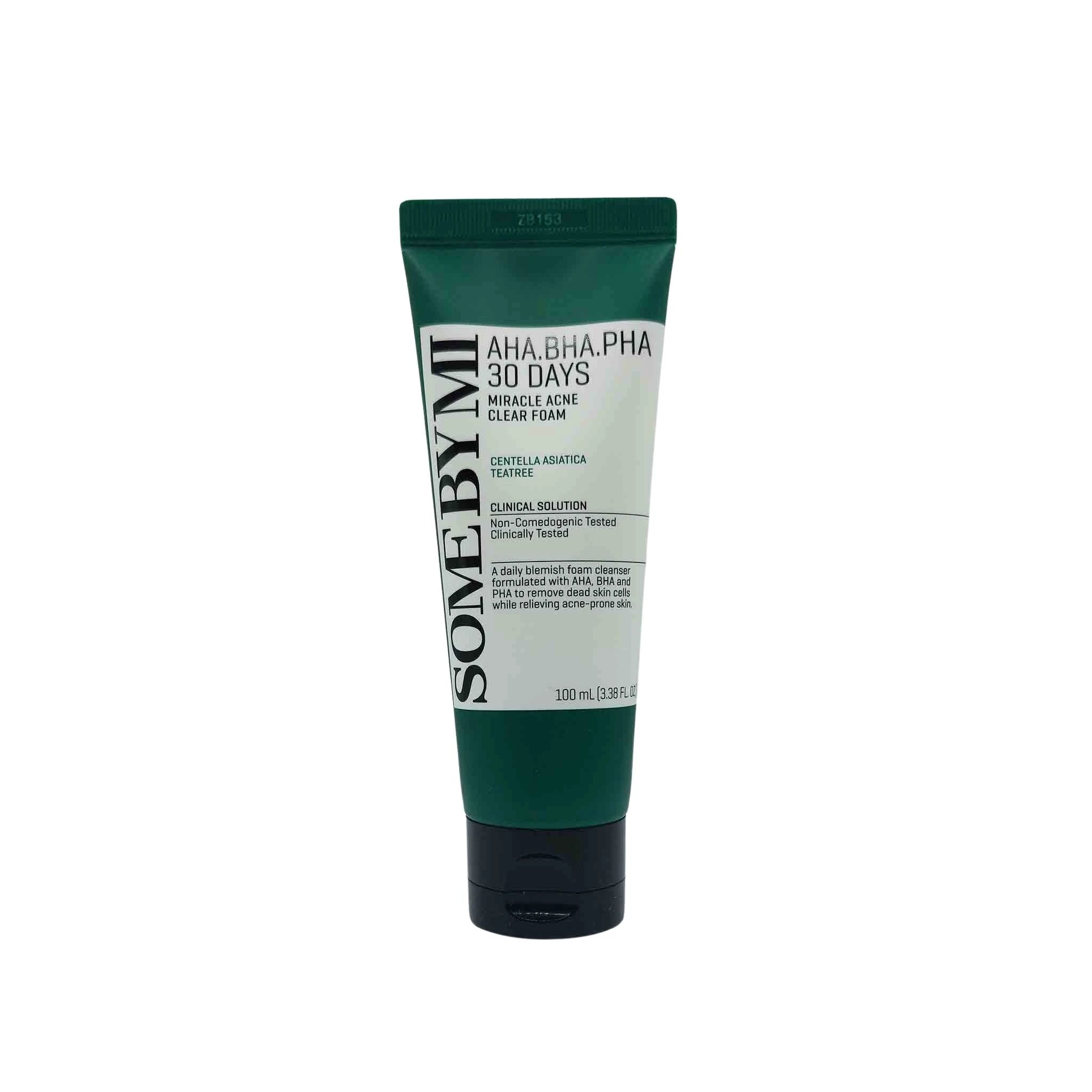 Green squeeze tube with black cap, white label reading AHA BHA PHA 30 DAYS MIRACLE ACNE CLEAR FOAM and SOME BY MI.