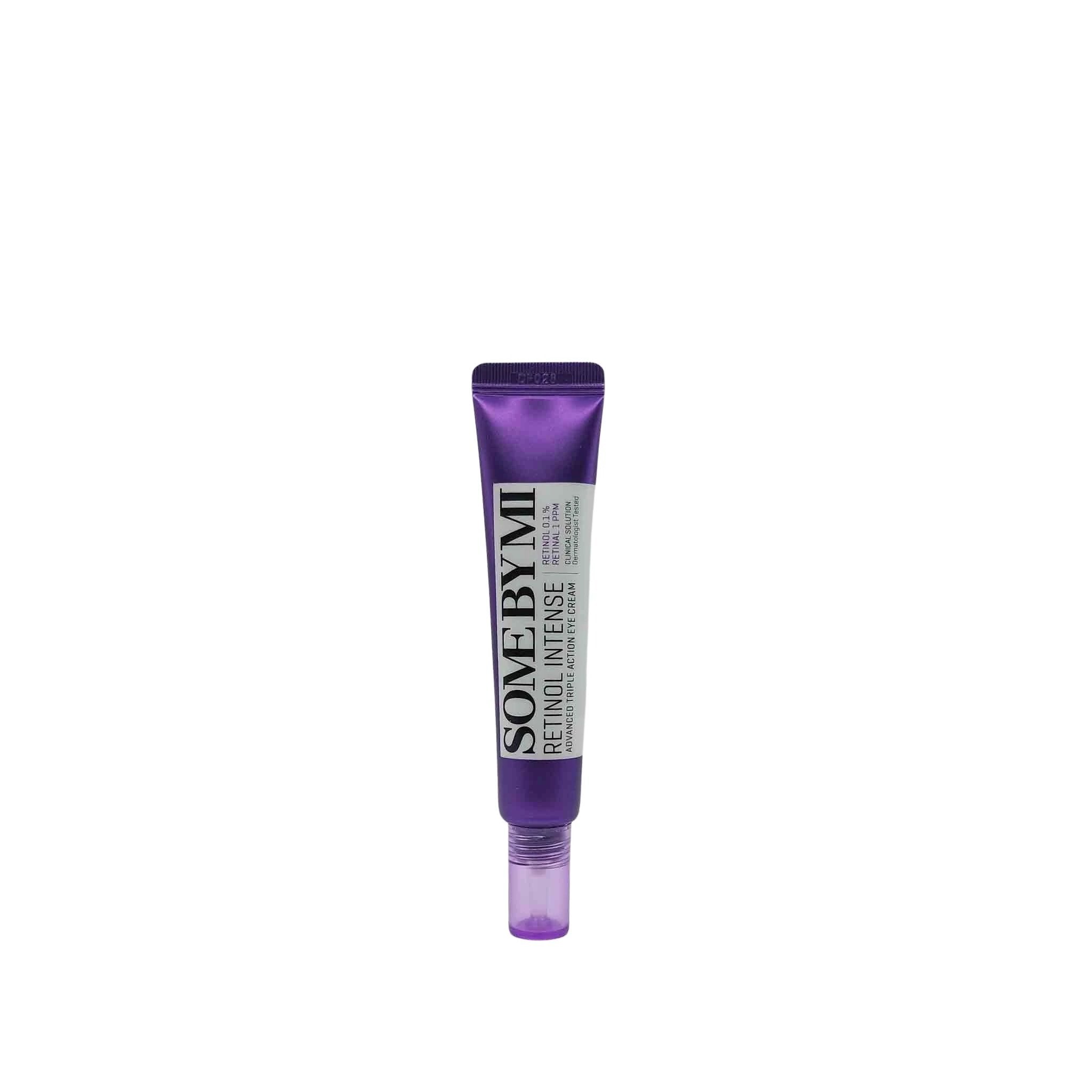 Purple squeeze tube with a white vertical label and a purple cap, SOME BY MI Retinol Intense Eye Cream 30ml