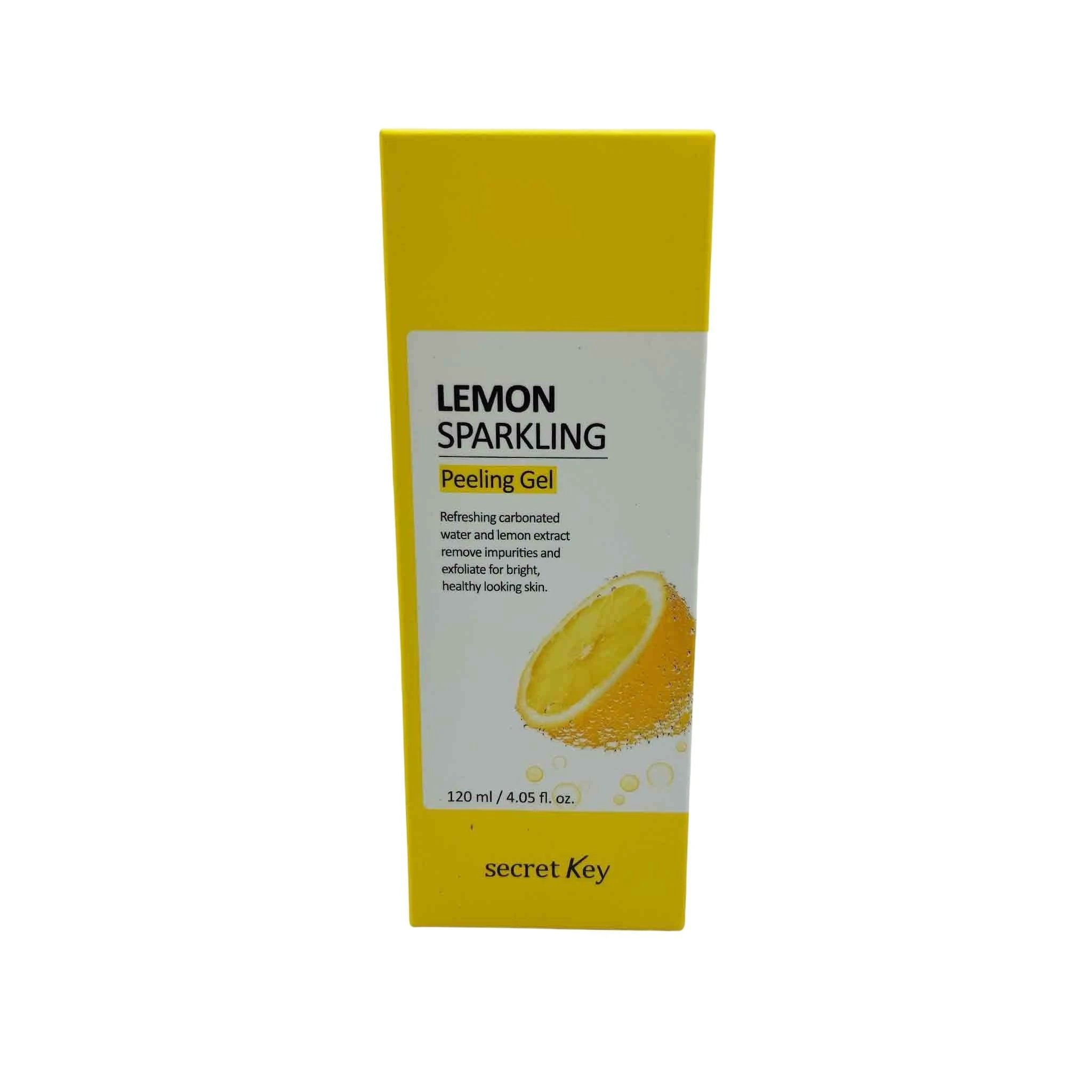 Bright yellow box with white label reading Lemon Sparkling Peeling Gel; lemon slice graphic on the lower panel, 120 ml