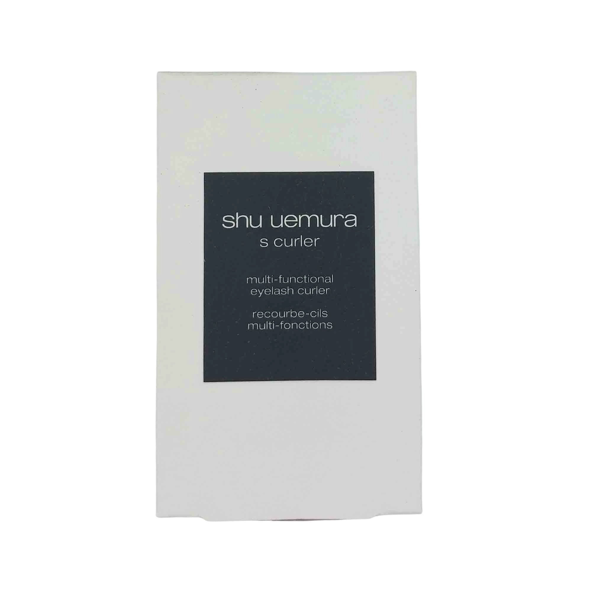 White box featuring a dark navy label that reads shu uemura s curler, multi-functional eyelash curler.
