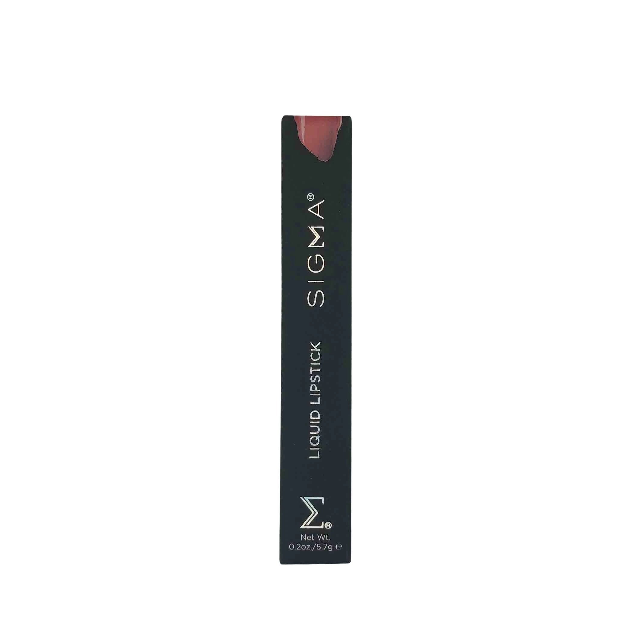 Tall black Sigma Liquid Lipstick box with white vertical SIGMA text, burgundy lipstick swatch visible at top.