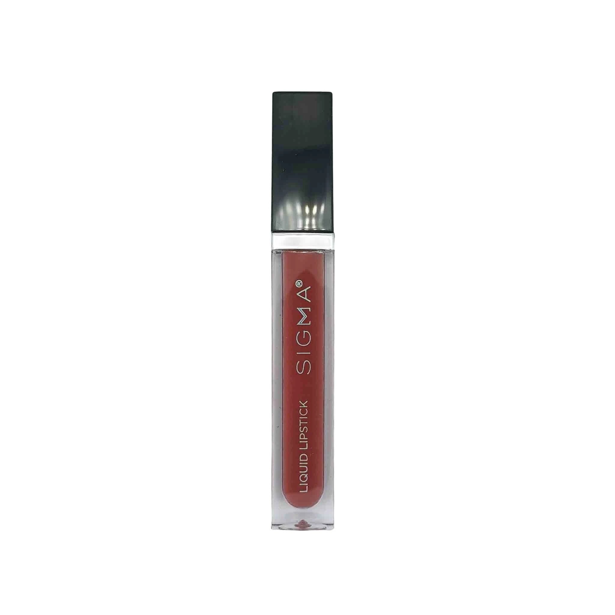 Clear rectangular lipstick tube with a dark glossy cap, silver collar, red-brown liquid inside and SIGMA text.