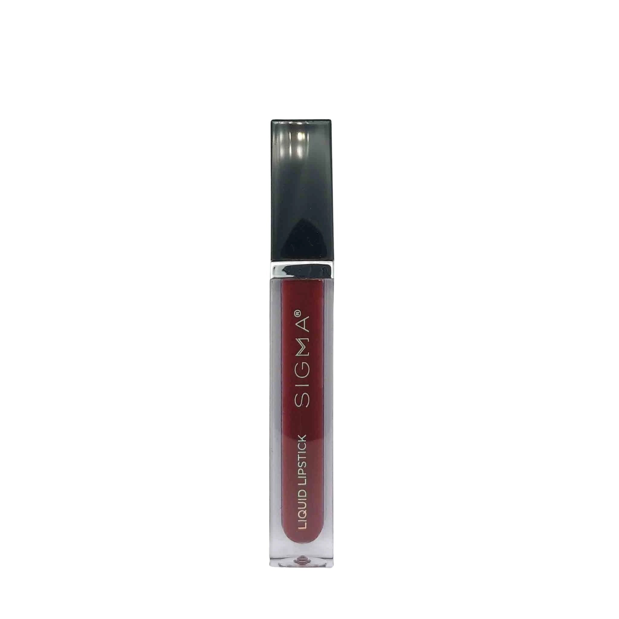 Clear-tube liquid lipstick in deep burgundy, with dark metallic cap and silver ring, SIGMA branding along the tube.