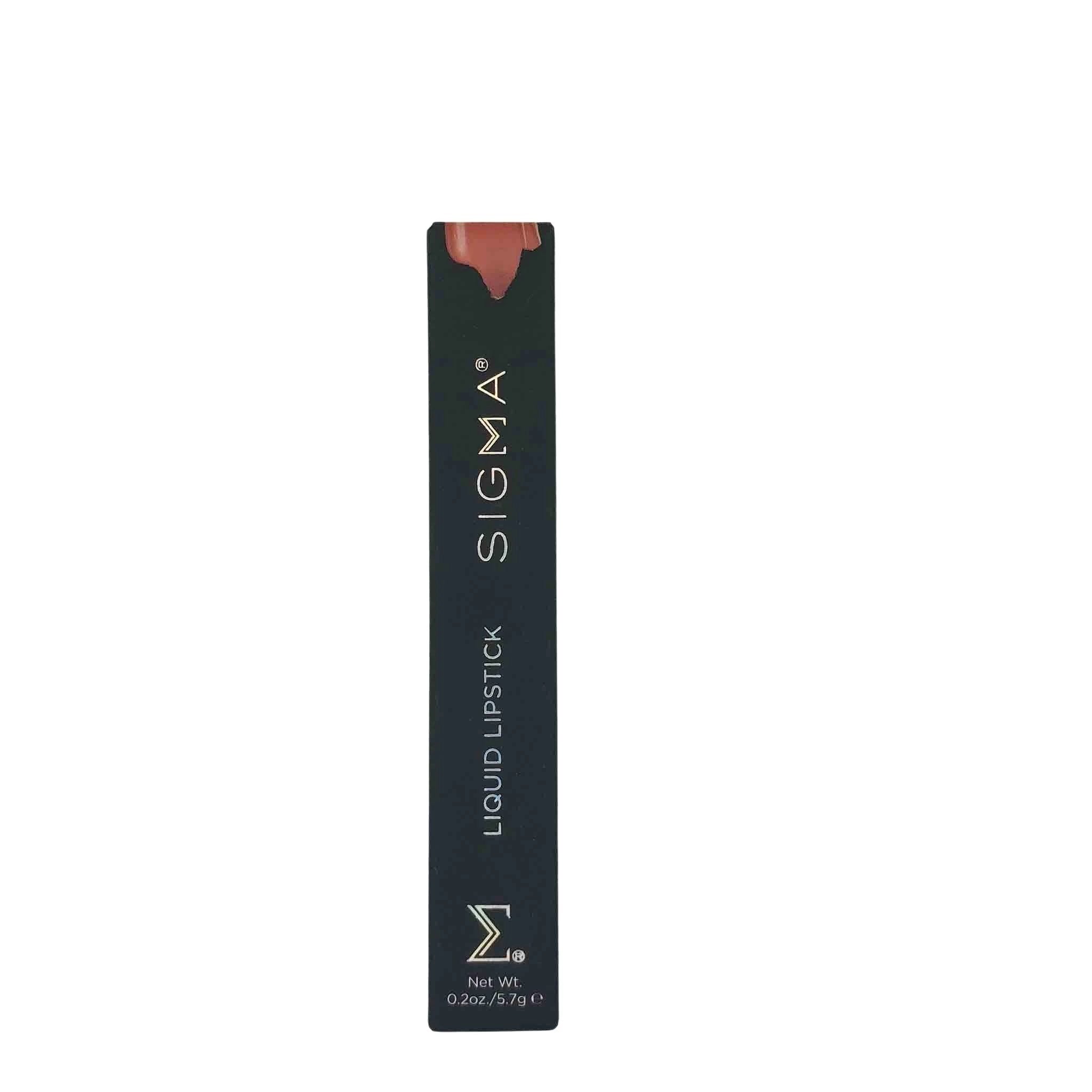 Slim black Sigma packaging with burgundy-brown swatch at top, vertical SIGMA logo and LIQUID LIPSTICK text along side.