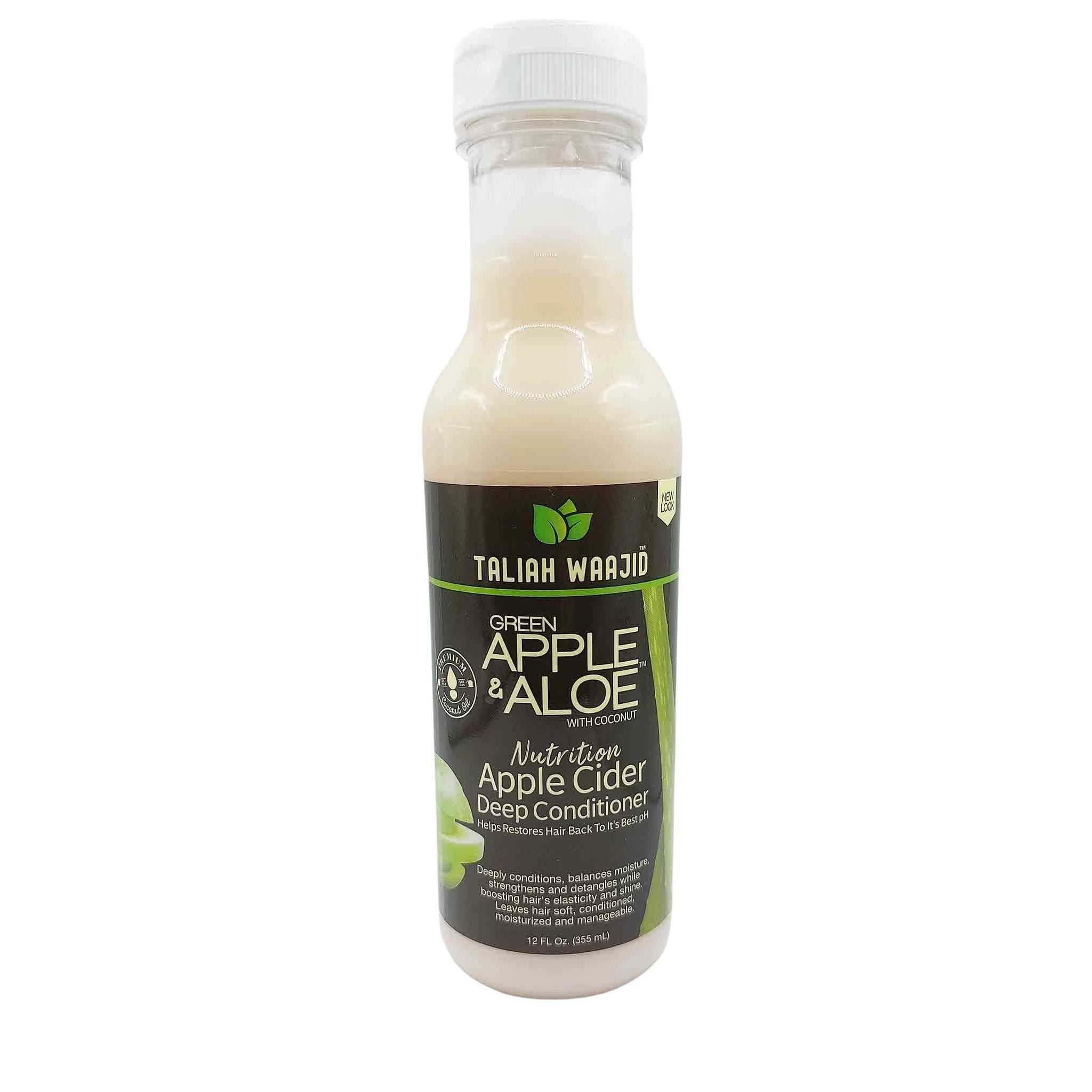 Taliah Waajid Green Apple & Aloe Apple Cider Deep Conditioner bottle, white cap, beige conditioner, black label with green accents.