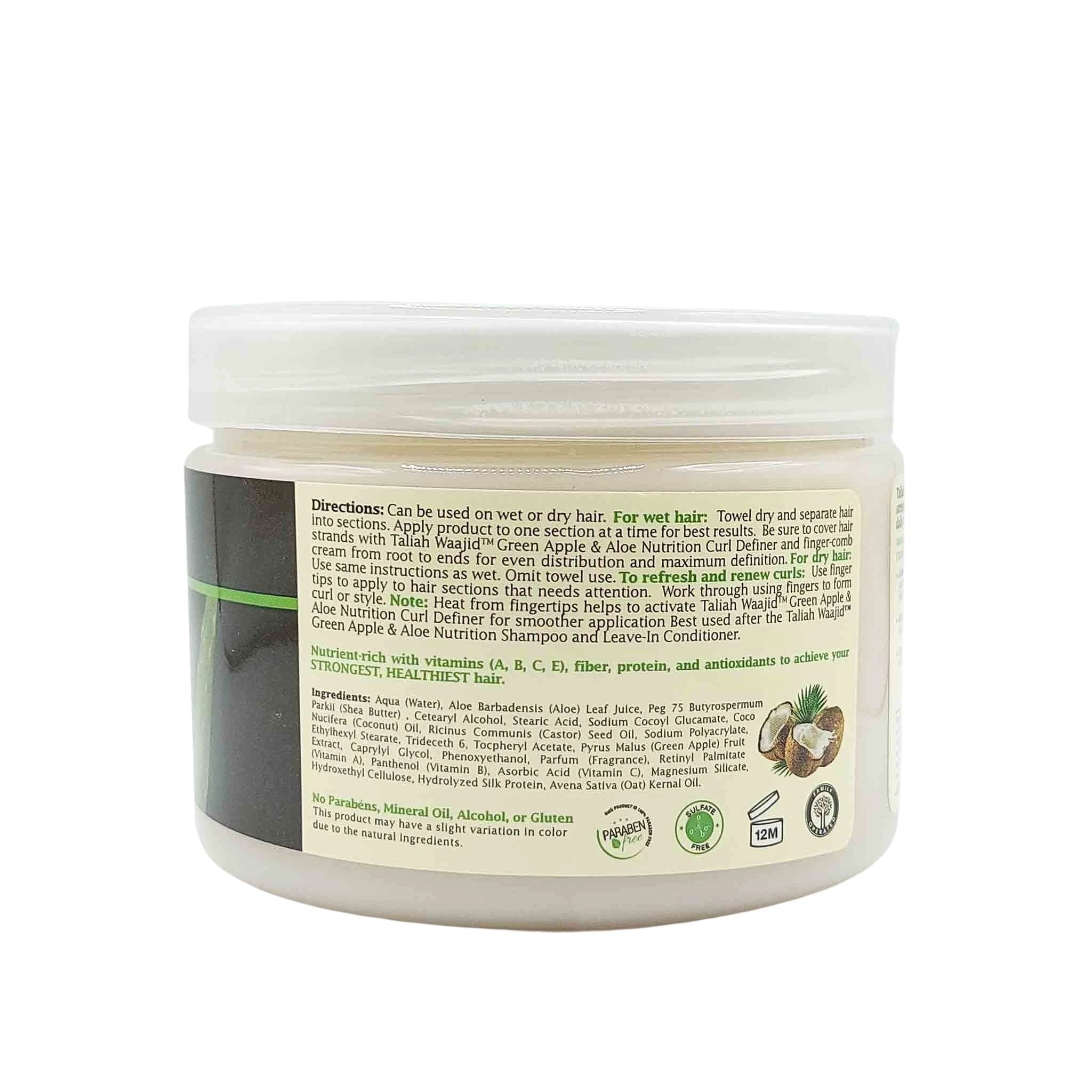 White plastic jar with a clear lid; beige-green label wrap, back panel text, and a small apple-and-aloe illustration.