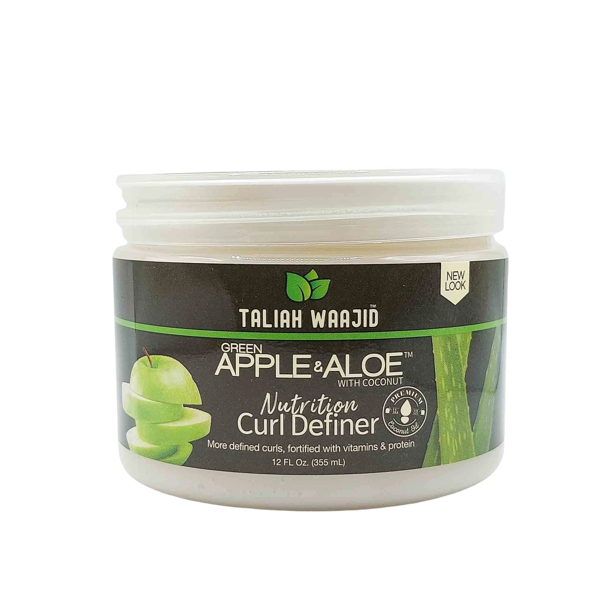 White jar with dark label showing green apple slices and aloe, Taliah Waajid branding, green stripe, white lid