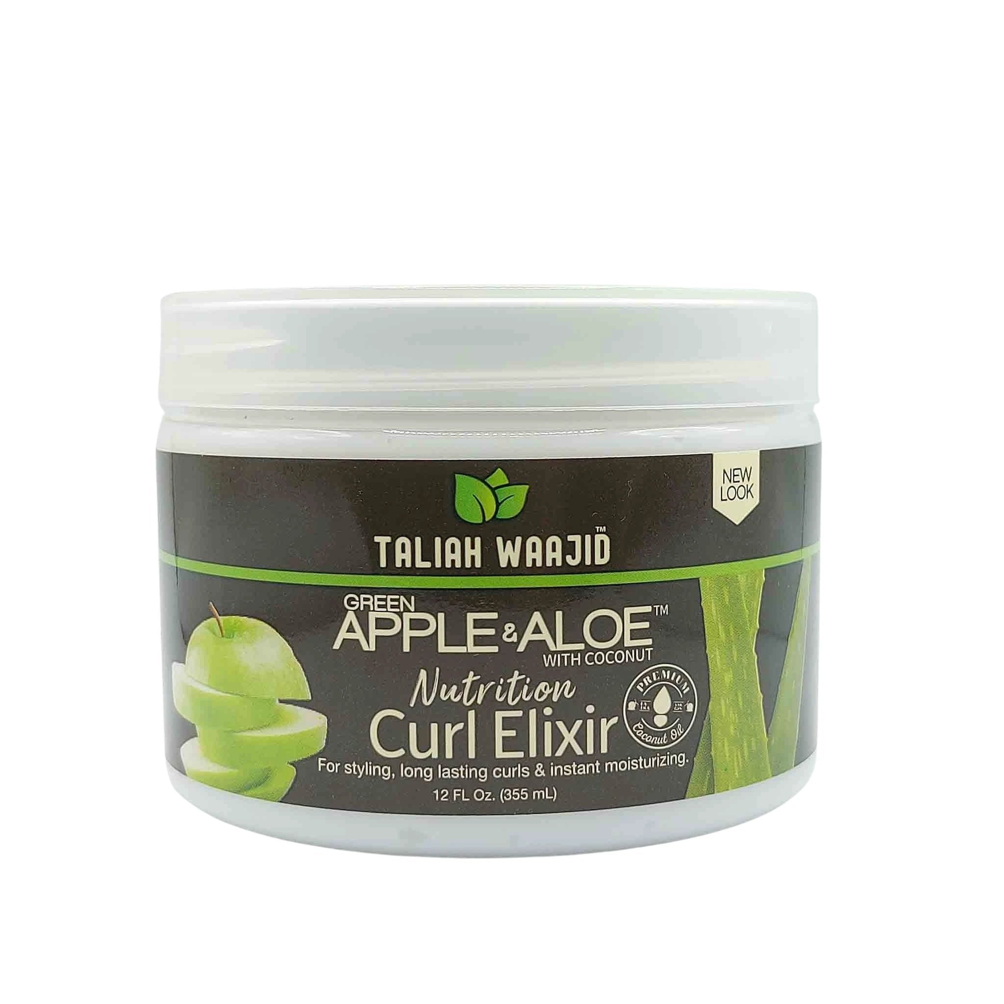 White jar with a dark green label, green apple slices and aloe stalks, Taliah Waajid Green Apple & Aloe Curl Elixir.
