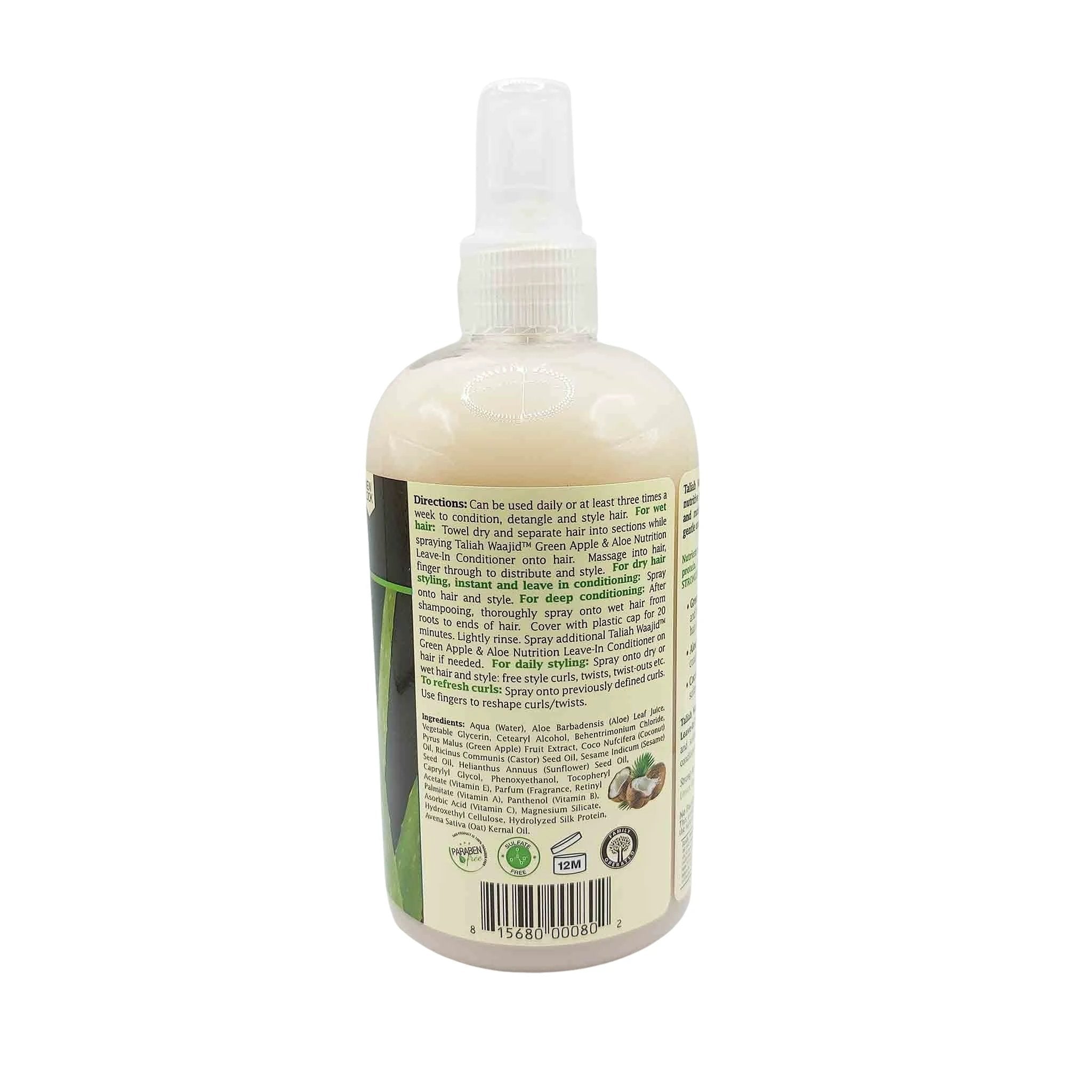 Cream-tinted spray bottle with clear cap and white spray nozzle; back label shows small text and a green apple graphic.