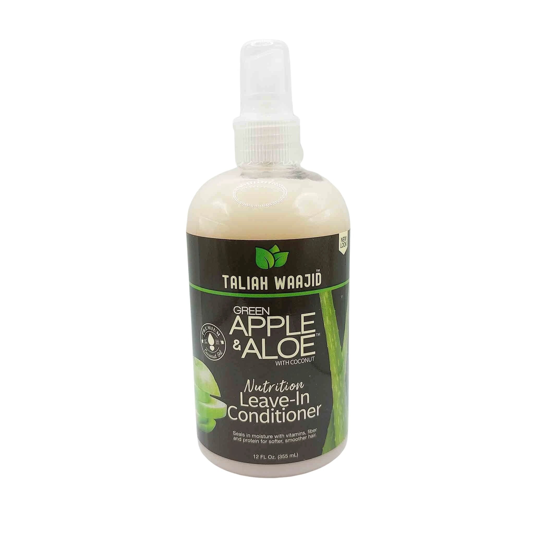 White plastic bottle with a black label, green apple and aloe artwork, clear spray pump, Taliah Waajid branding, leave-in conditioner