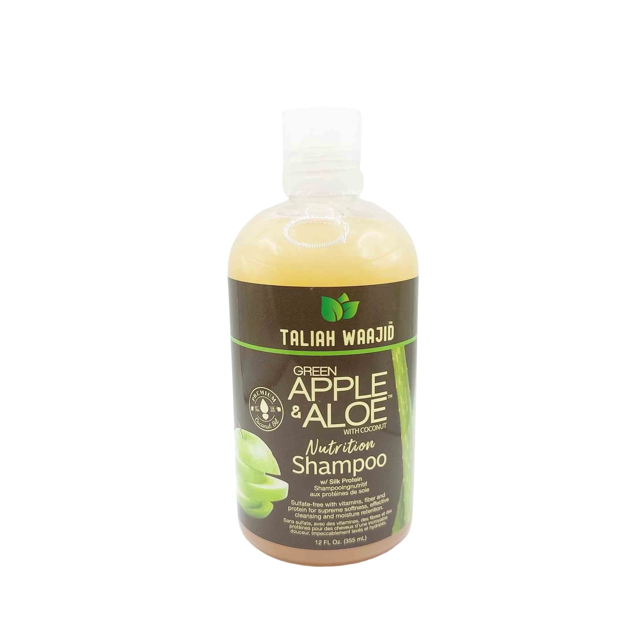Yellow-tinted shampoo bottle with dark brown label, green leaf logo, and "TALIAH WAAJID Green Apple & Aloe" text with apple graphics