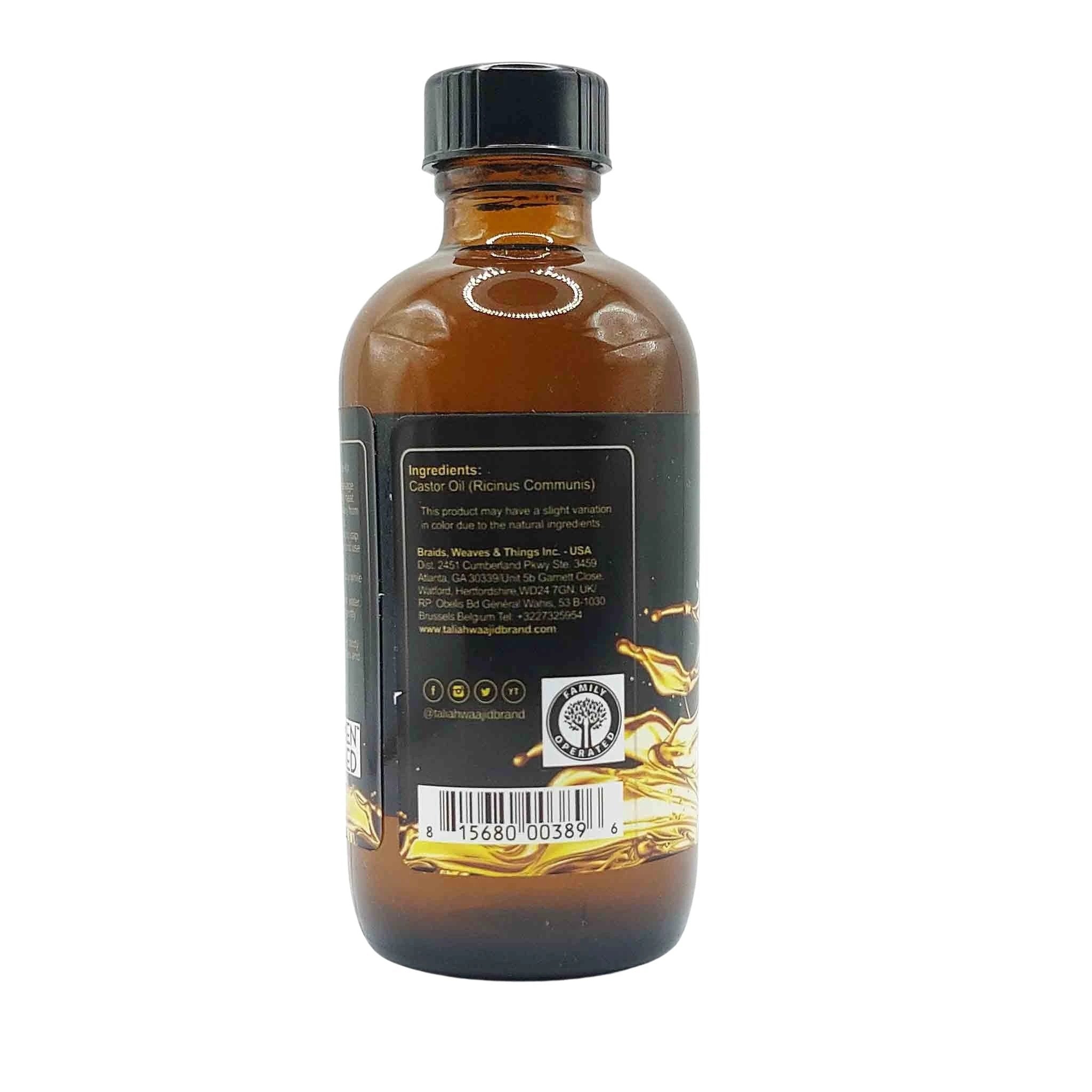 Amber glass bottle with black cap and back label featuring ingredients, barcode, and a gold oil splash graphic.