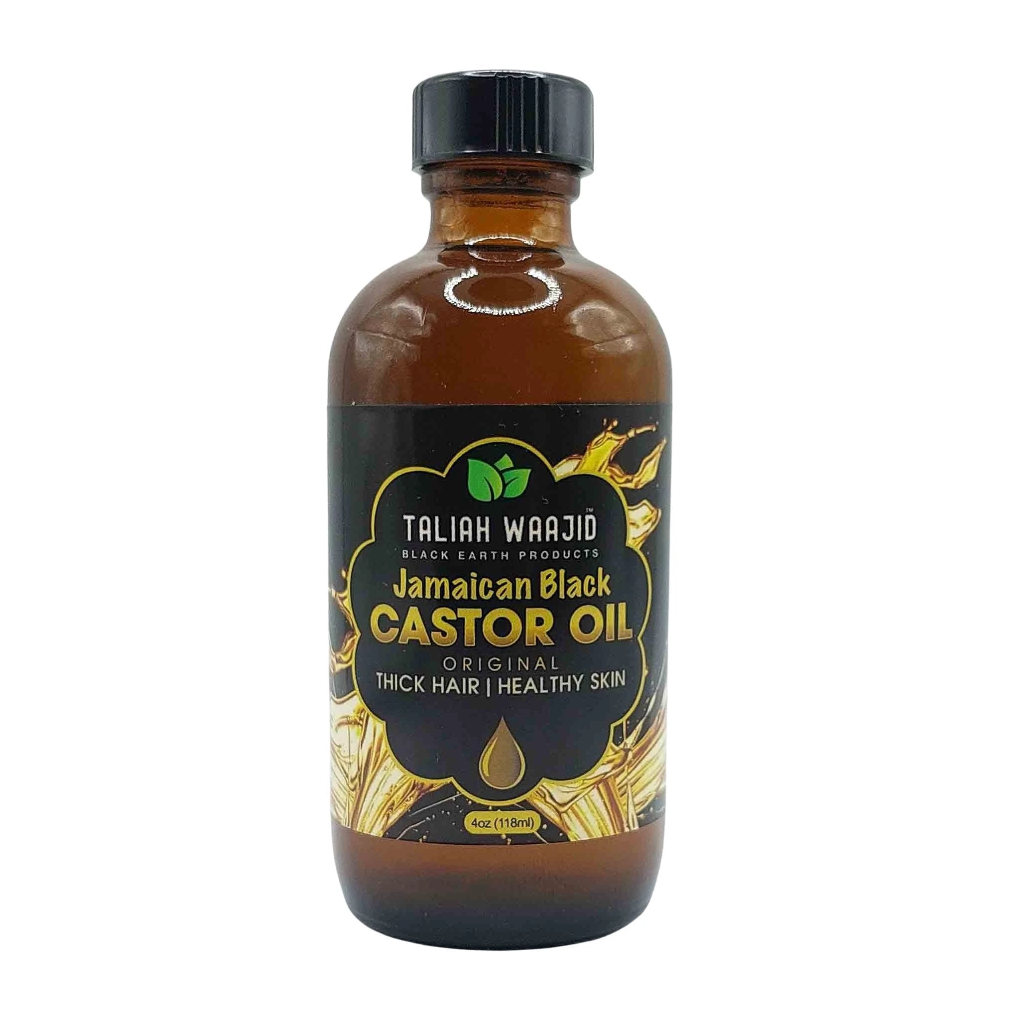 Brown glass bottle with black cap; black label with gold detailing reads Taliah Waajid Jamaican Black Castor Oil, 4 oz.
