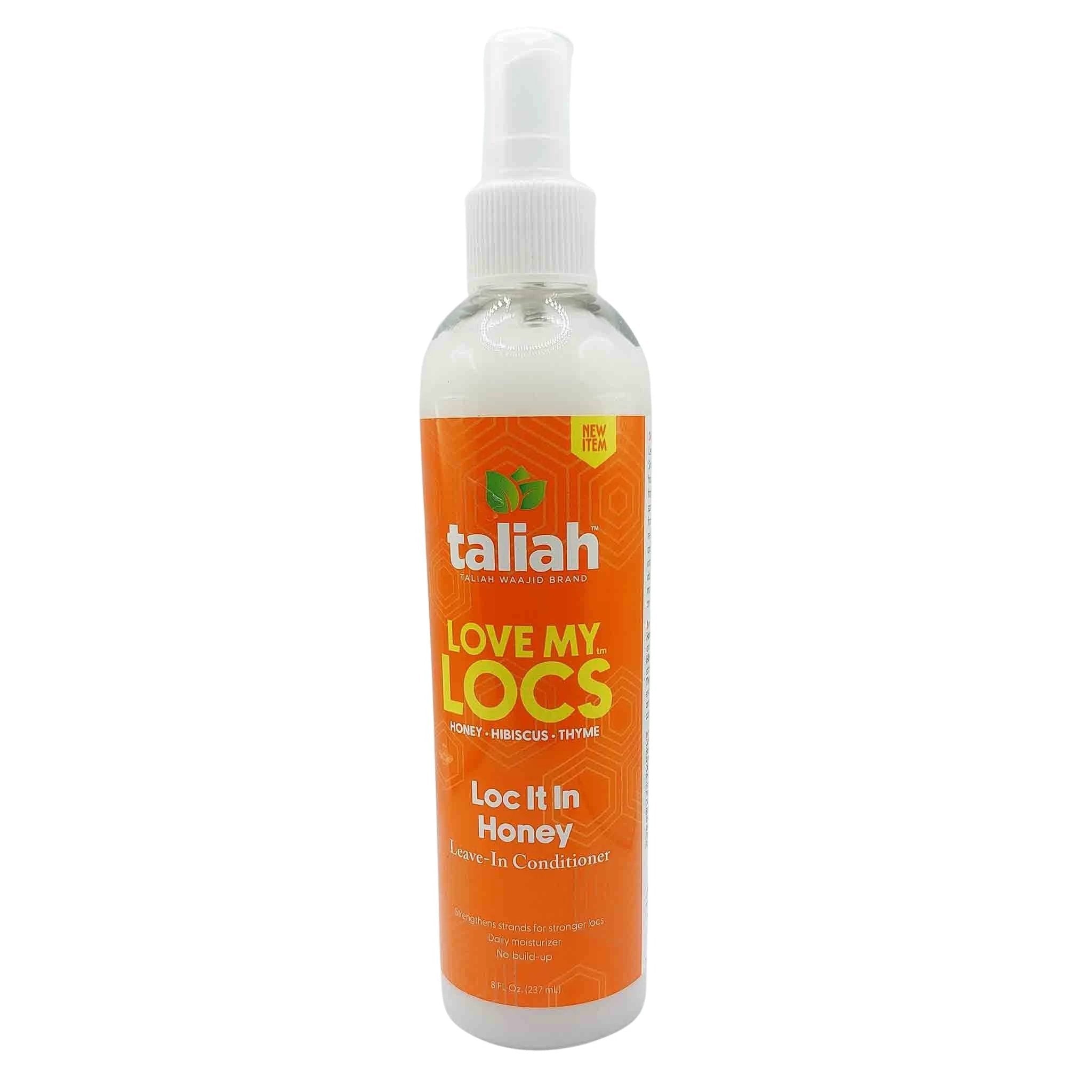 Clear spray bottle with bright orange label, white nozzle; green leaf logo and bold 'LOVE MY LOCS' with 'Loc It In Honey'.