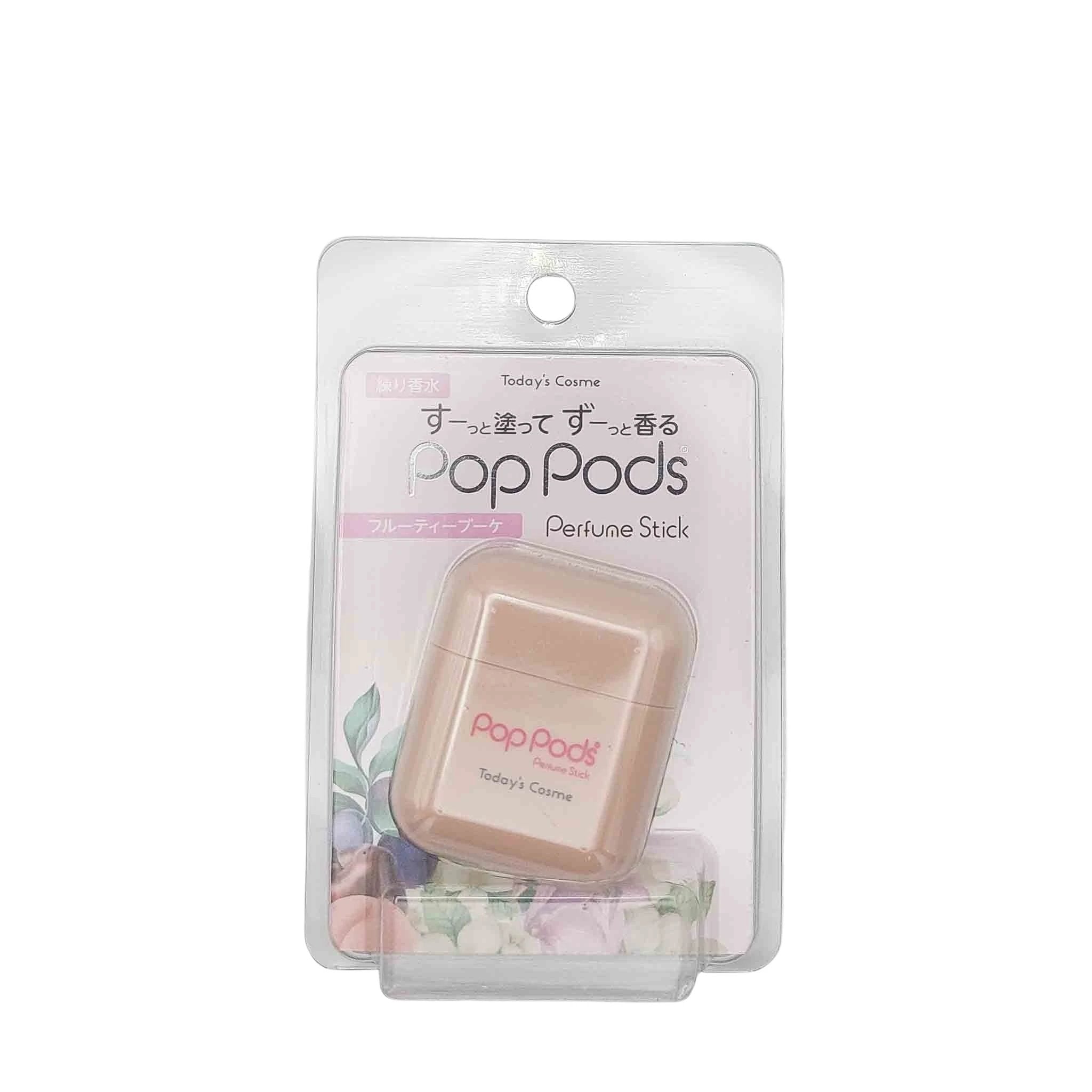 Beige square perfume stick in clear blister pack with pink Pop Pods logo and pastel botanical illustration.