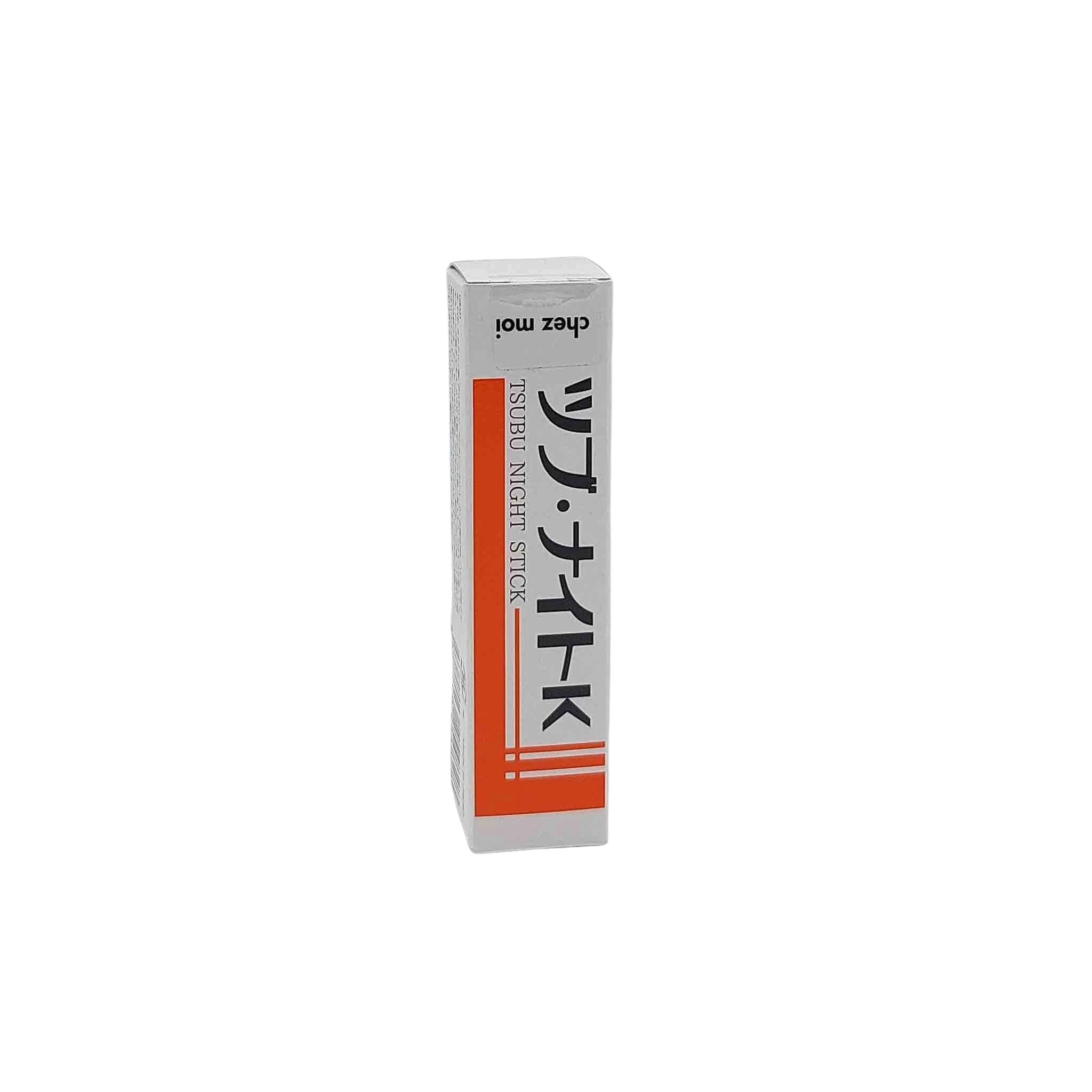 White rectangular box with bold black vertical text “TSUBU NIGHT K STICK” and an orange corner graphic along the left edge.