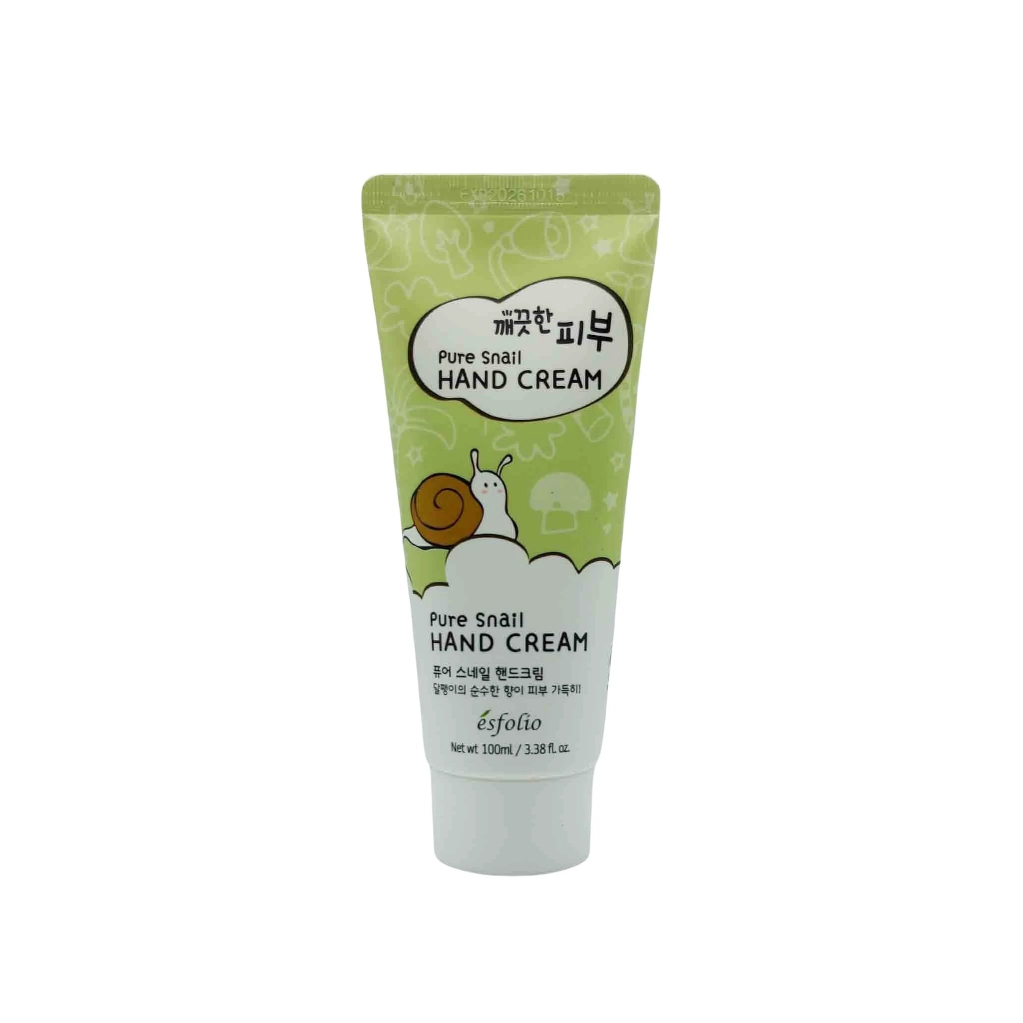 Green squeeze tube with a snail illustration on a cloud, white cap; label reads Pure Snail HAND CREAM by Esfolio.