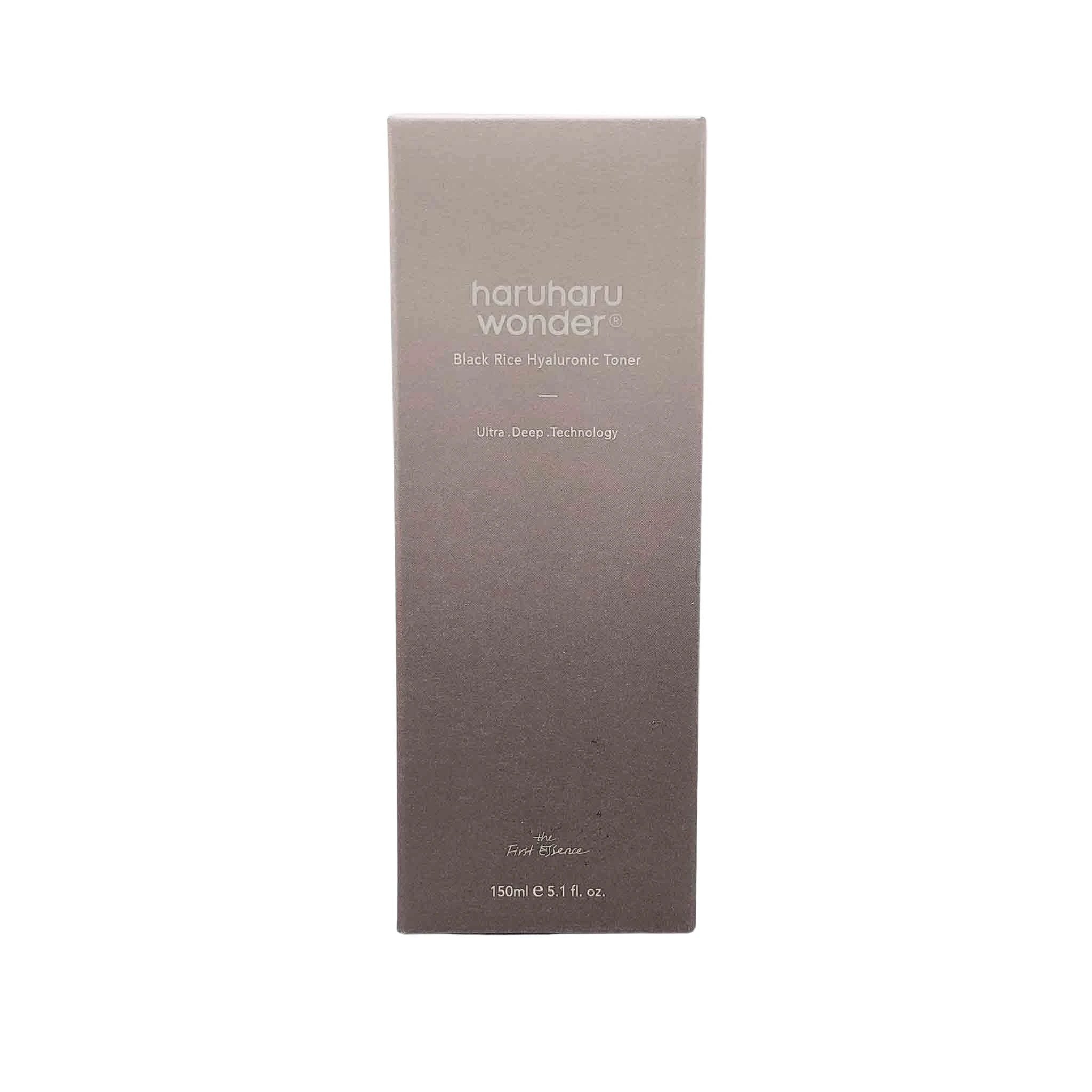 Gradient brown packaging box for Haruharu WONDER Black Rice Hyaluronic Toner, 150ml, standing upright.
