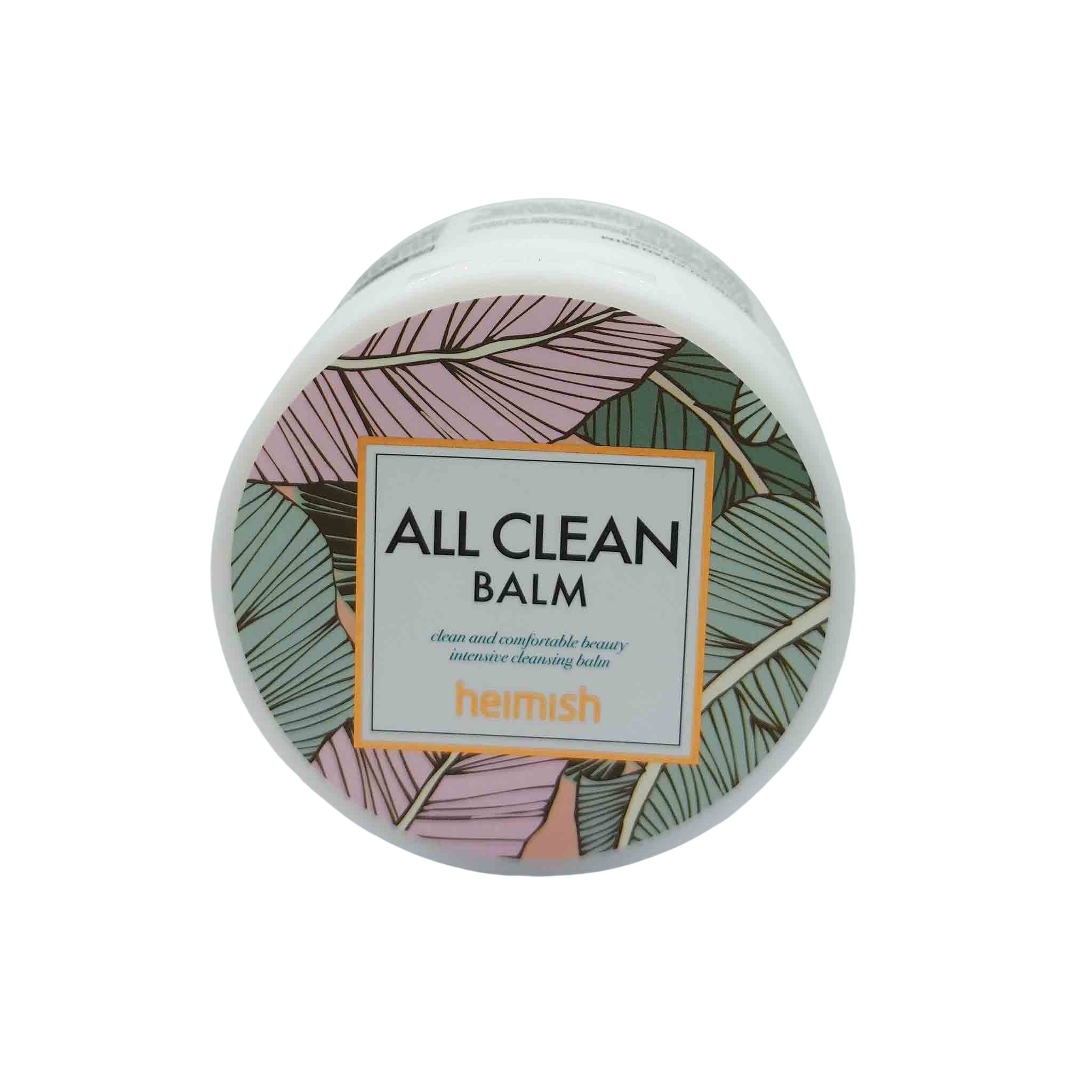 Round white jar with a pastel leaf-pattern label; gray center reads ALL CLEAN BALM, heimish in orange, orange border.