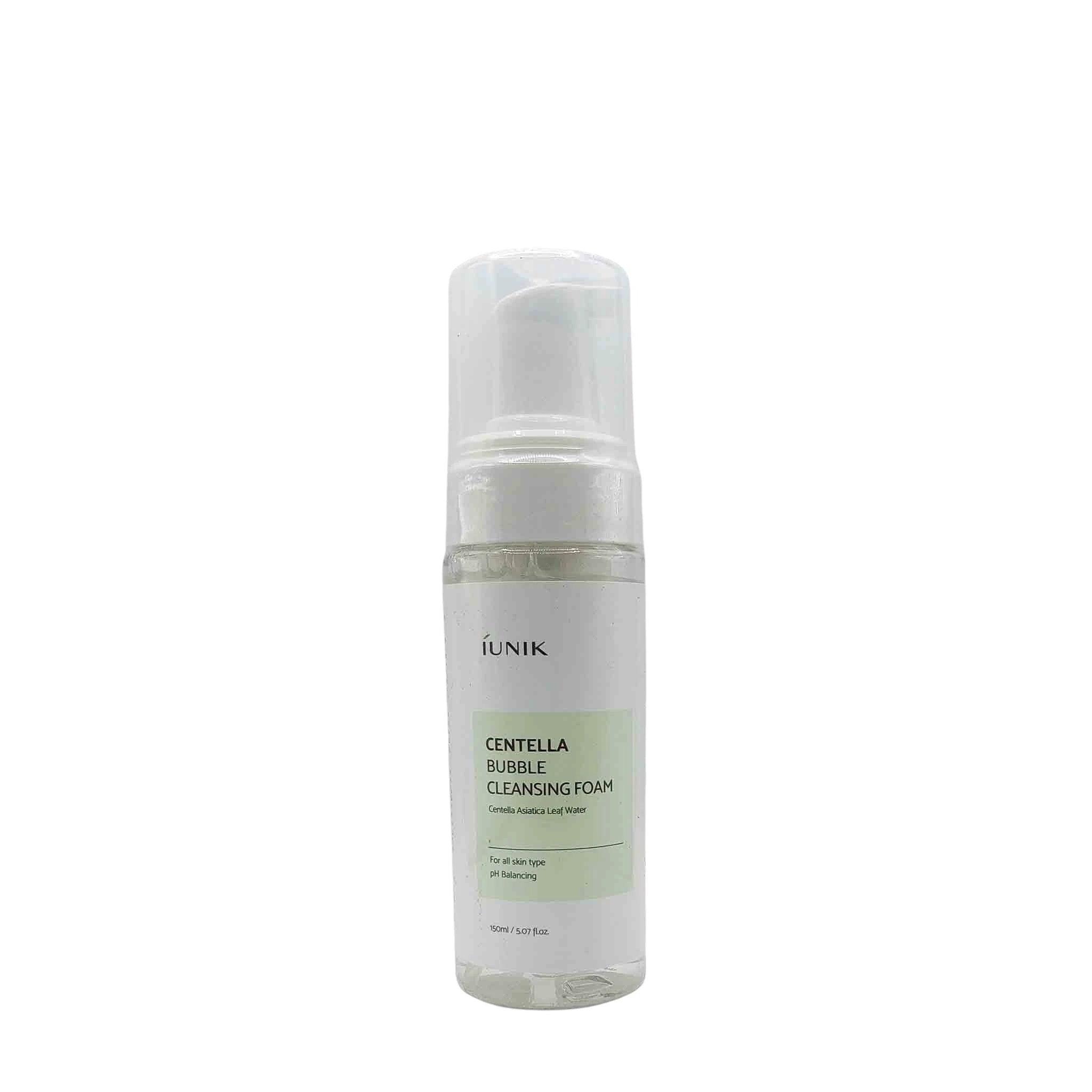Clear pump-top bottle with white body, pale green label reading iUnik Centella Bubble Cleansing Foam, 150 ml.